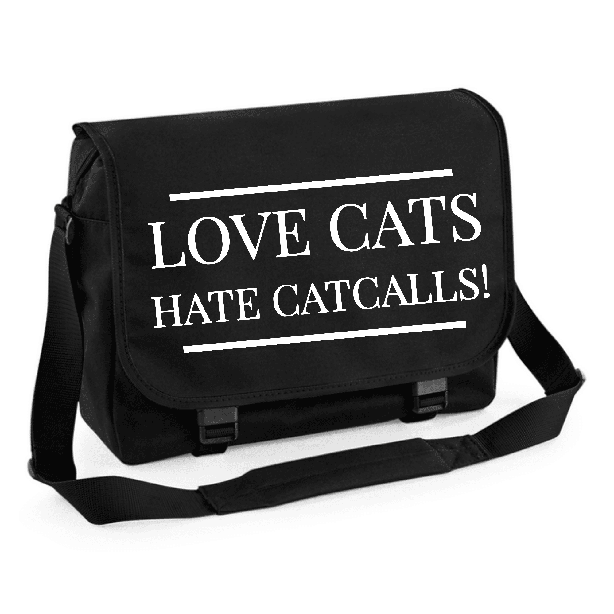 Umhängetasche mit Katzenliebe und einer klaren Botschaft gegen Catcalling. Schwarze Umhängetasche mit dem Aufdruck "LOVE CATS HATE CATCALLS!".