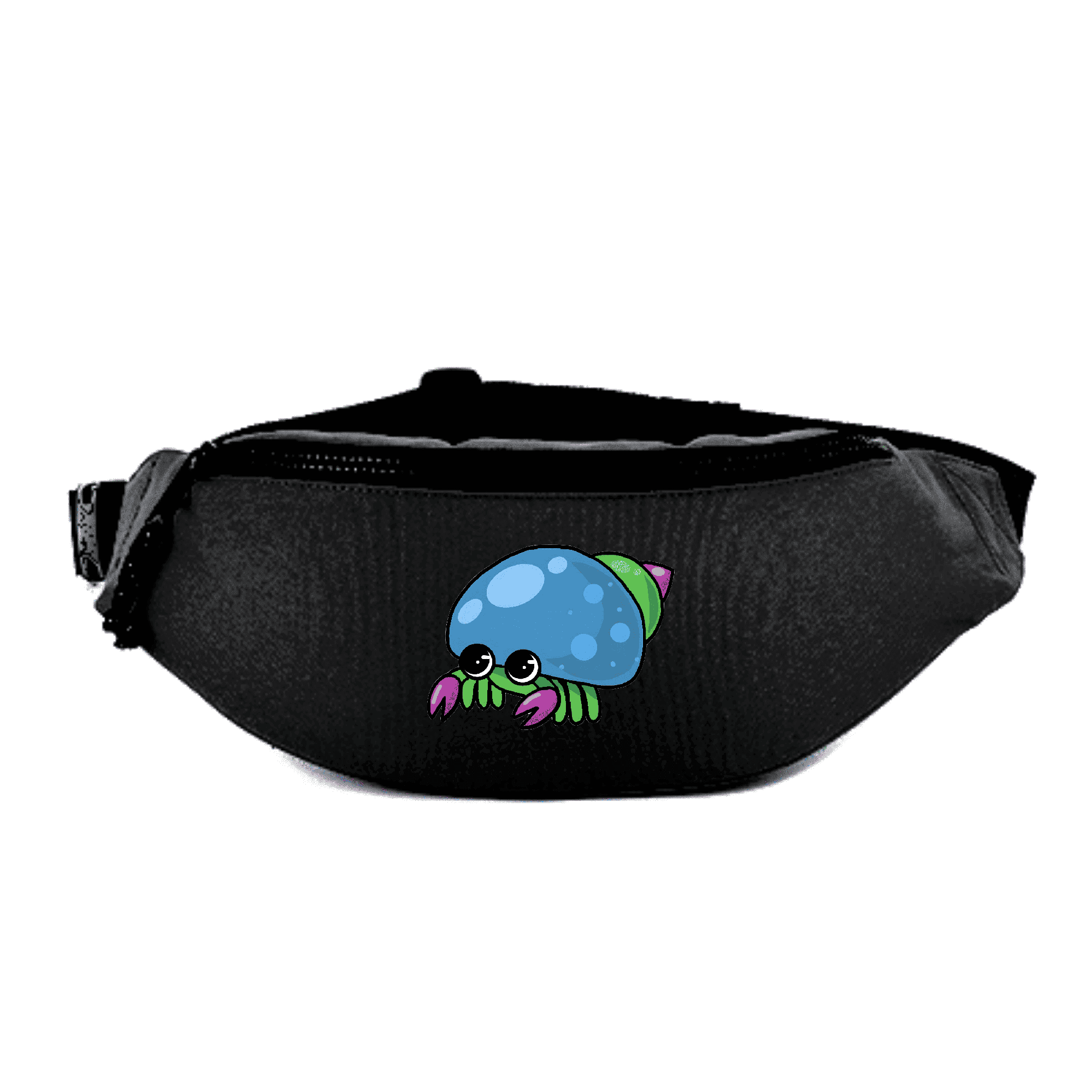 Hüfttasche mit lustigem Krebs-Motiv für einen trendigen Look. Schwarze Hüfttasche mit niedlichem, cartoonhaftem Krebs-Design.
