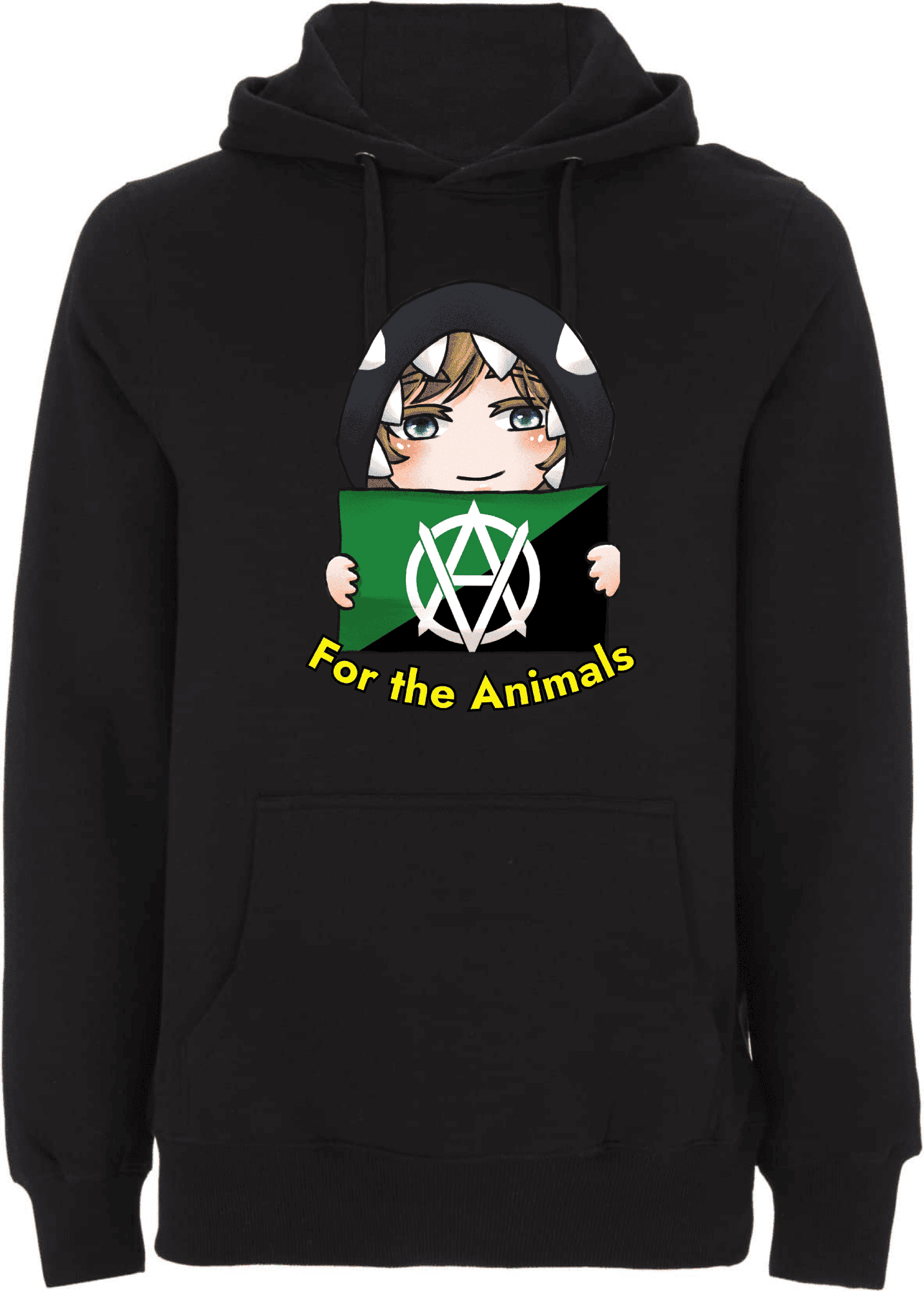 Schwarzer Hoodie mit Tier-Schutz-Motiv "For the Animals". Schwarzer Hoodie mit einem bunten, cartoonhaften Design, das ein Kind mit der Aufschrift "For the Animals" und einem Symbol zeigt.