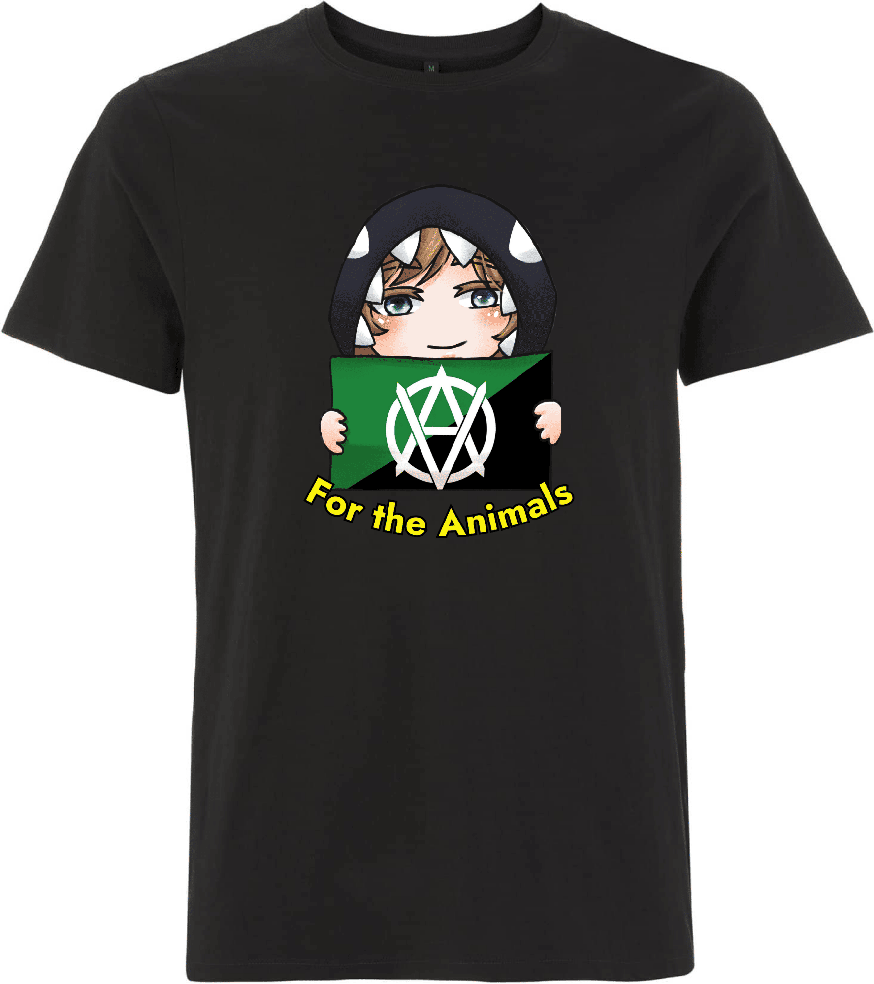 Schwarzes T-Shirt mit Druck für Tiere. Schwarzes T-Shirt mit einem bunten Druck, der einen Charakter zeigt, der ein Banner mit dem Text „For the Animals“ hält.