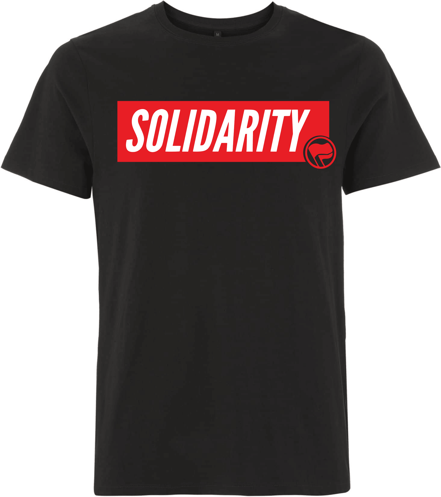 T-Shirt mit dem Text "SOLIDARITY" auf schwarzem Hintergrund. Schwarzes T-Shirt mit dem Aufdruck "SOLIDARITY" in roter Schrift.