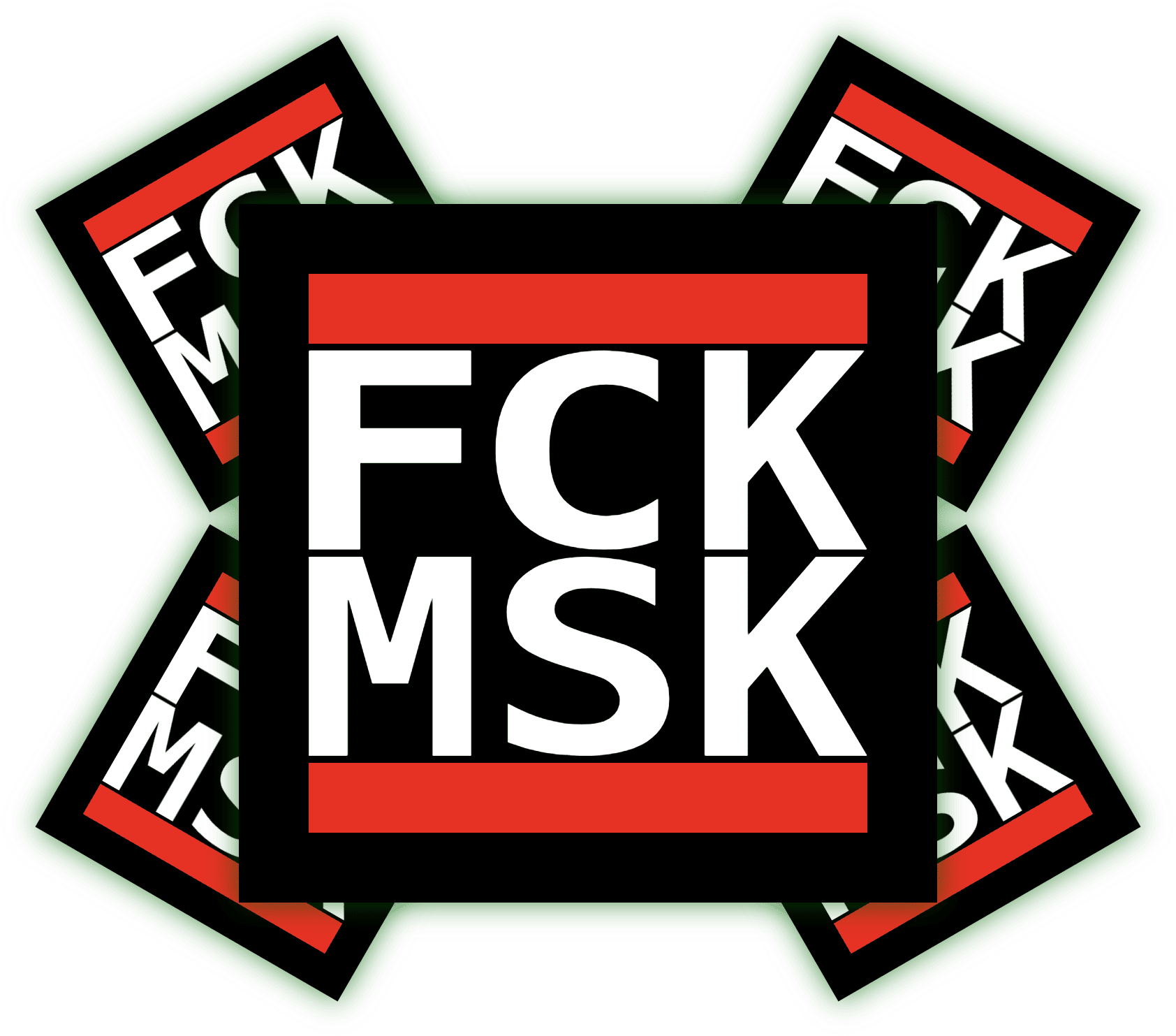 Kreativer Aufkleber "FCK MSK" für individuelle Gestaltung. Aufkleber mit dem Text "FCK MSK" in großen weißen Buchstaben auf schwarzem Hintergrund mit rotem Streifen.