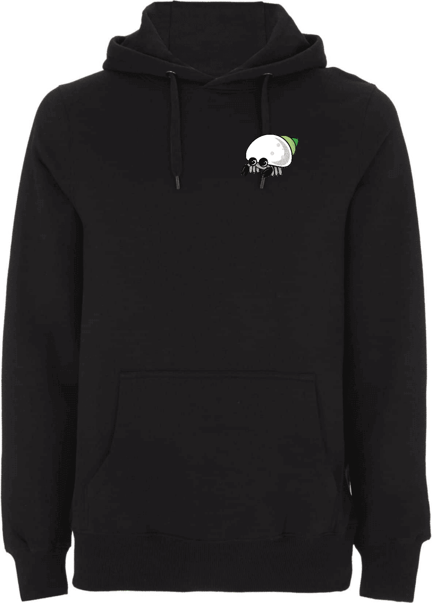 Schwarzer Hoodie mit Schneckenkrabben-Design auf der Brust. Schwarzer Hoodie mit aufgesticktem, cartoonhaftem Design eines Schneckenkrabbenmotivs auf der Brust.