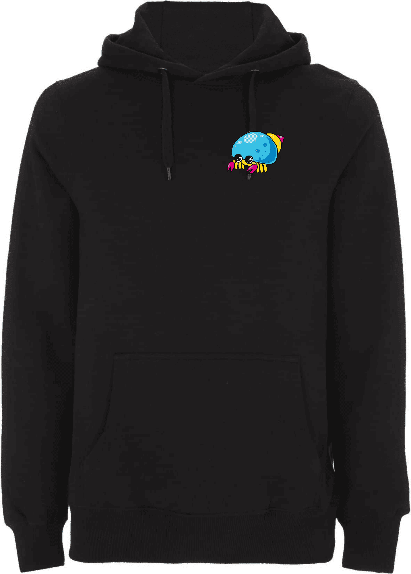 Stylischer schwarzer Hoodie mit einzigartigem Krabben-Design. Schwarzer Hoodie mit buntem, cartoonhaftem Krabbenmotiv auf der Brust.