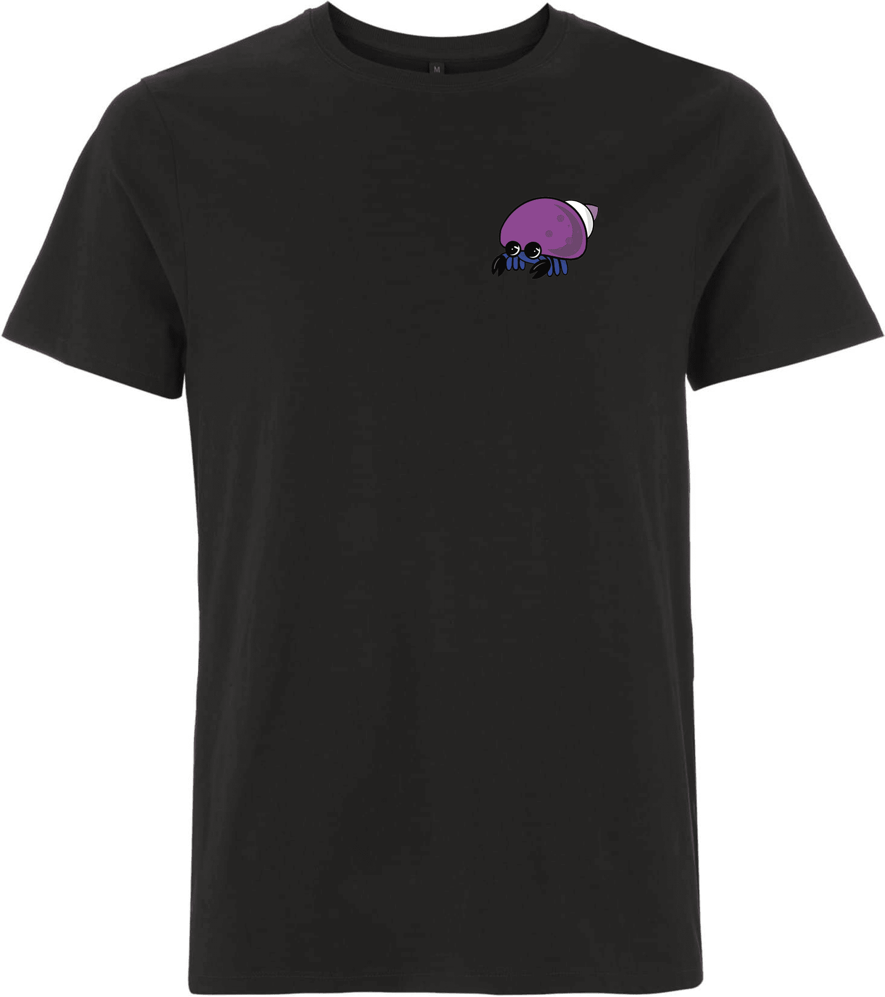 Stylisches schwarzes T-Shirt mit niedlichem Krabbenmotiv. Schwarzes T-Shirt mit einem bunten, cartoonhaften Krabbenmotiv auf der linken Brustseite.