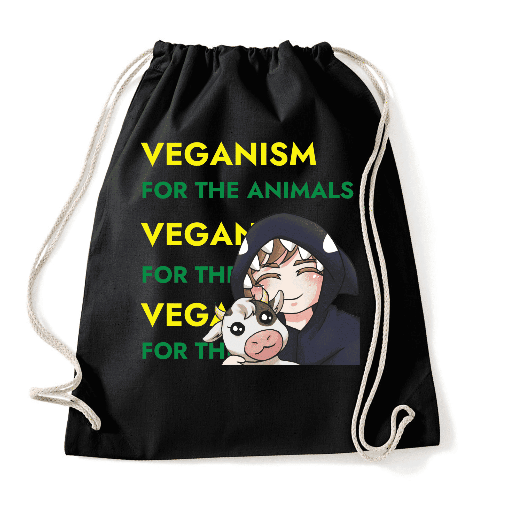 Schwarzer Rucksack mit veganistischem Motiv und Tierliebe. Schwarzer Rucksack mit dem Aufdruck "VEGANISM FOR THE ANIMALS" und einer cartoonhaften Figur, die ein Kalb hält.