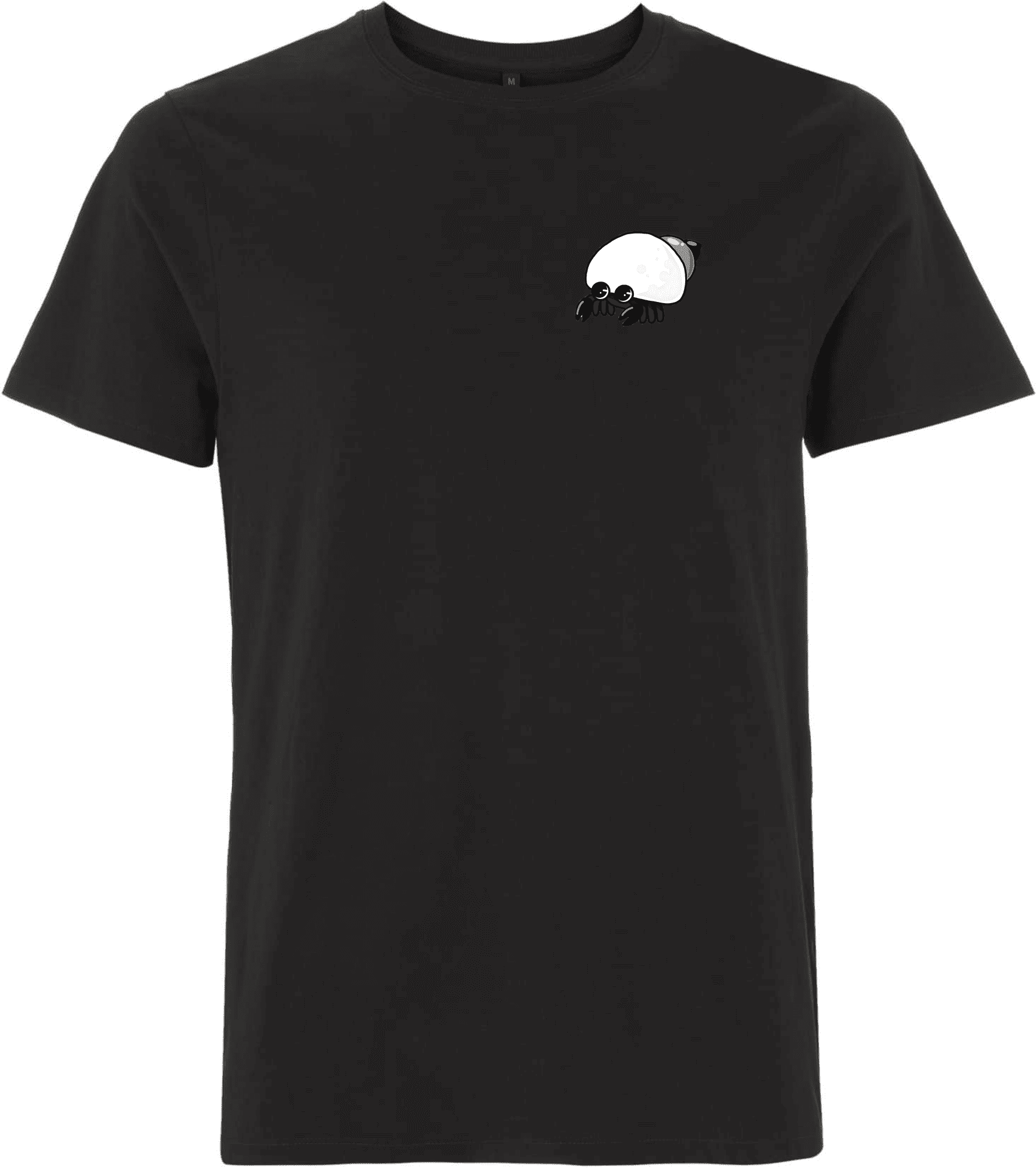 Stylisches schwarzes T-Shirt mit Spinnen-Design. Schwarzes T-Shirt mit einem bunten, cartoonhaften Spinnenmotiv auf der linken Brustseite.