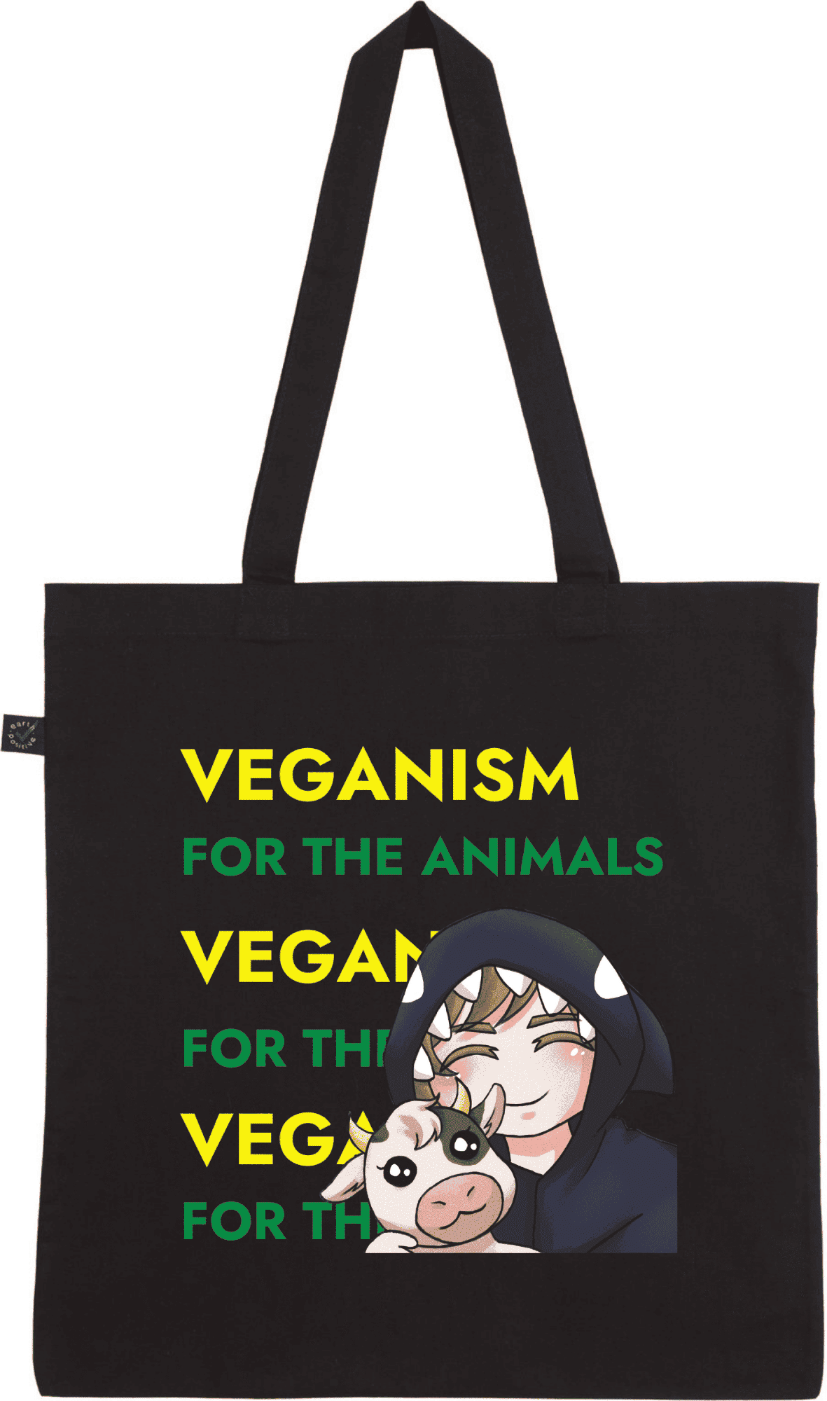 Stofftasche mit veganem Motiv und Aufschrift "VEGANISM FOR THE ANIMALS". Schwarze Stofftasche mit dem Aufdruck "VEGANISM FOR THE ANIMALS" und einer gezeichneten Figur, die ein Küken hält.