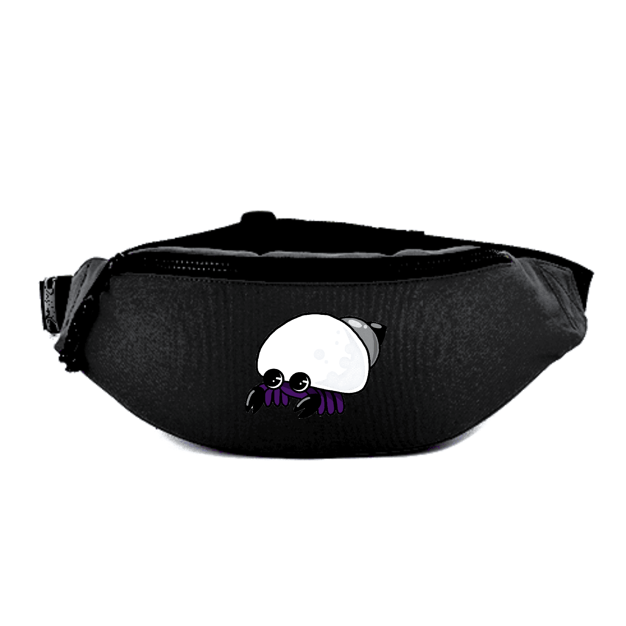 Stylische schwarze Gürteltasche mit Krabben-Design. Schwarze Gürteltasche mit einem niedlichen, cartoonhaften Zeichnung eines Krabbens.