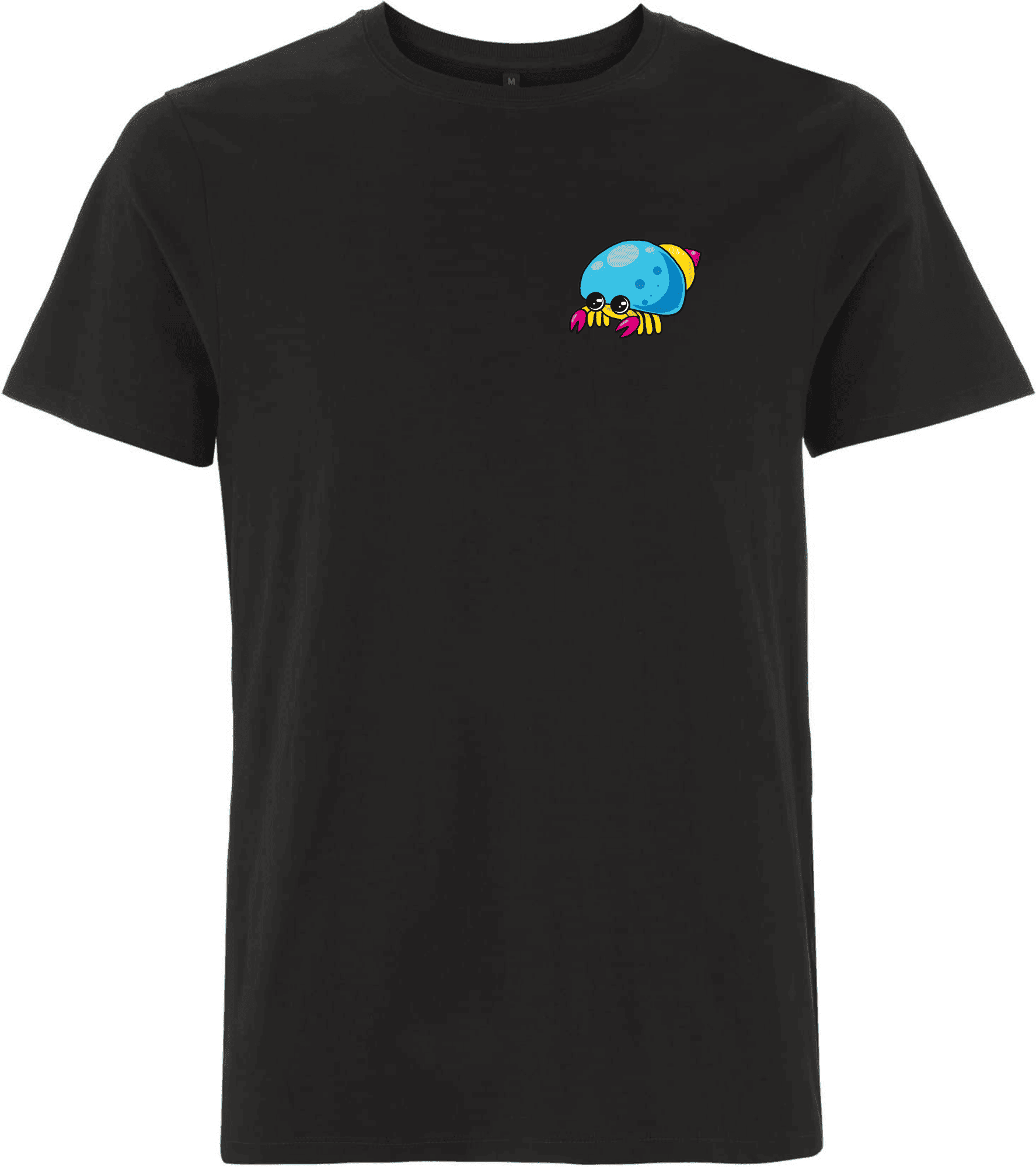 Stylisches schwarzes T-Shirt mit farbenfrohem Krebs-Motiv. Schwarzes T-Shirt mit einem bunten, cartoonhaften Krebs-Design auf der Brust.