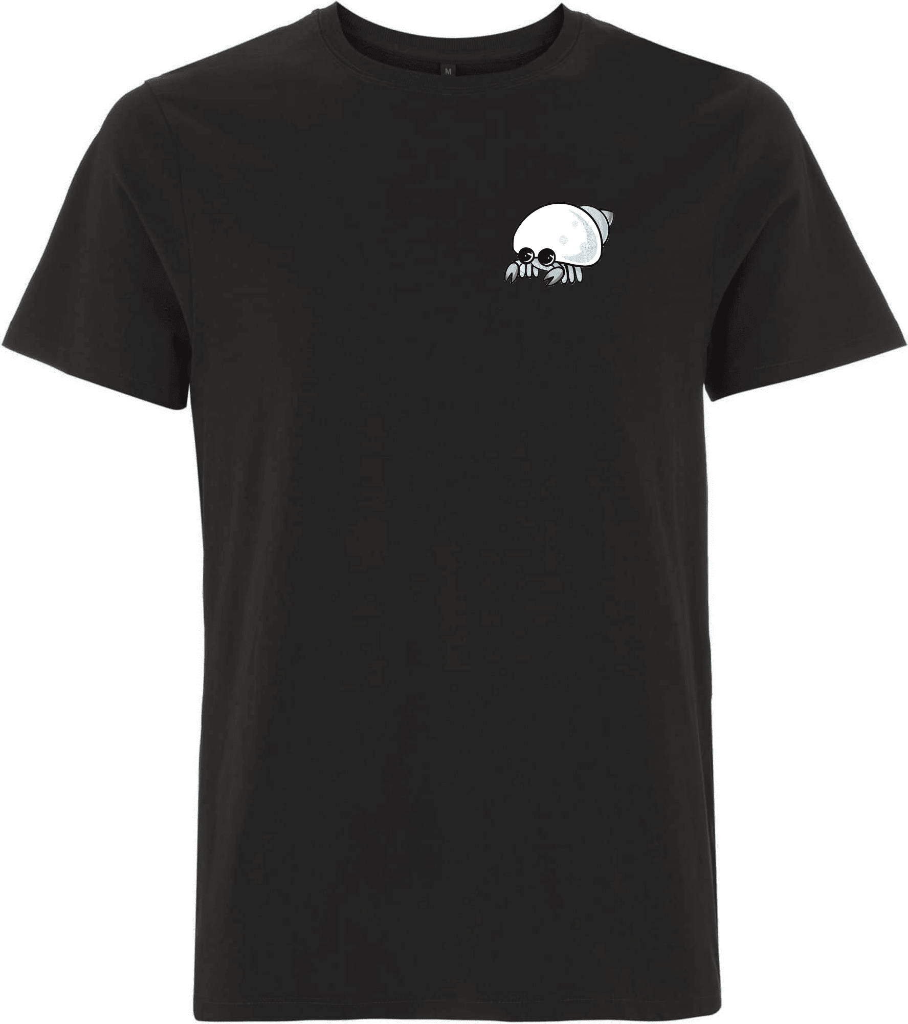 T-Shirt mit einem kreativen Krabben-Motiv in Schwarz. Schwarzes T-Shirt mit einem bunten, cartoonhaften Motiv eines Krabben-ähnlichen Wesens auf der Brust.