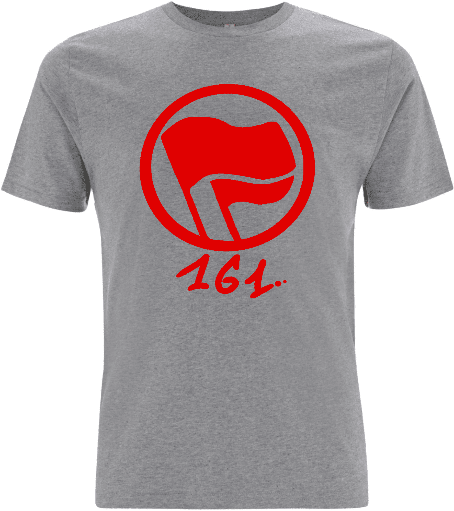 Graues T-Shirt mit rotem Flaggen-Motiv und der Aufschrift "161". Graues T-Shirt mit rotem Flaggen-Design und der Zahl "161".