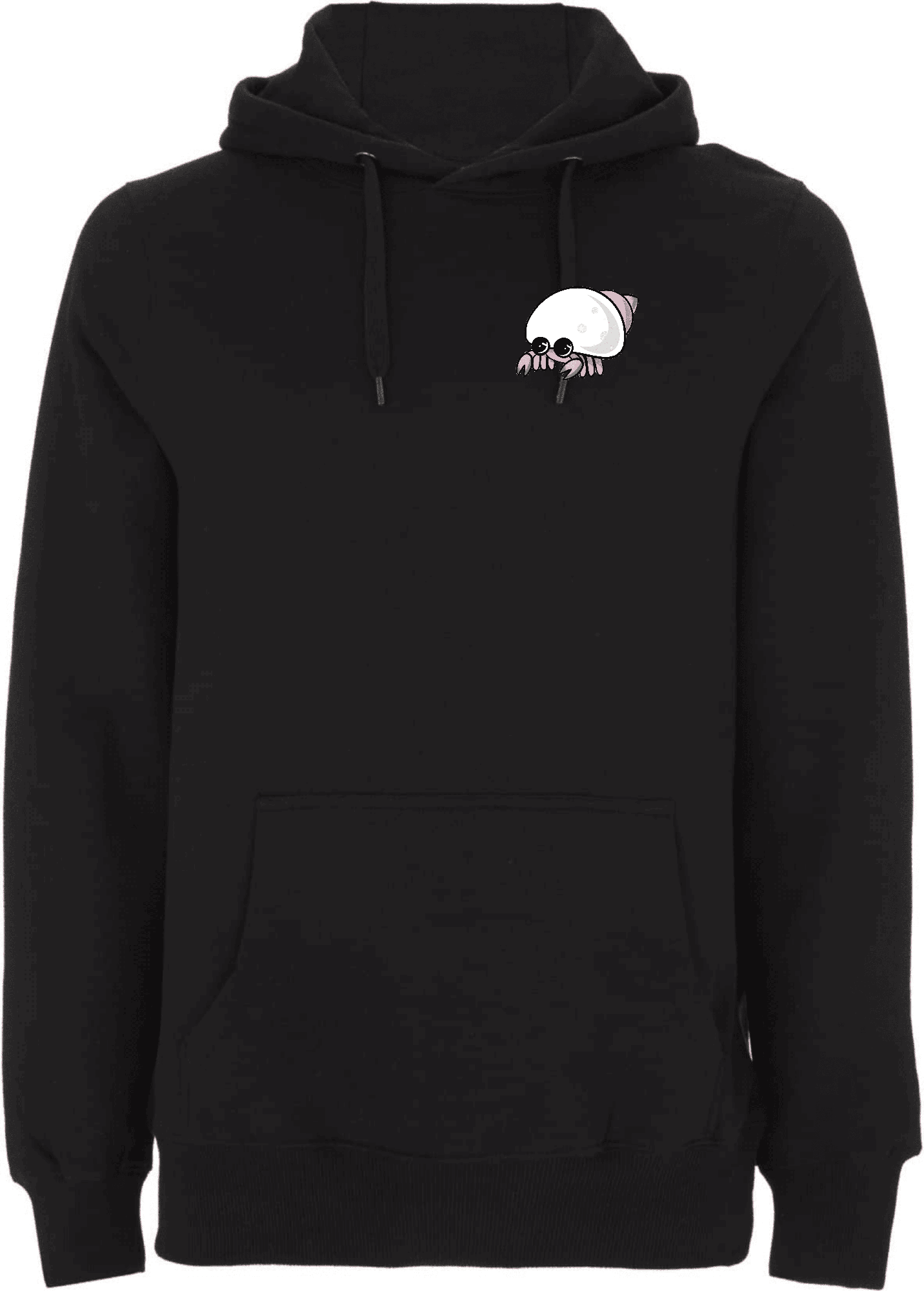 Grafik-Kapuzenpullover mit Krabbenmotiv in Schwarz. Schwarzer Kapuzenpullover mit einem bunten, cartoonhaften Krabbenmotiv auf der Vorderseite.