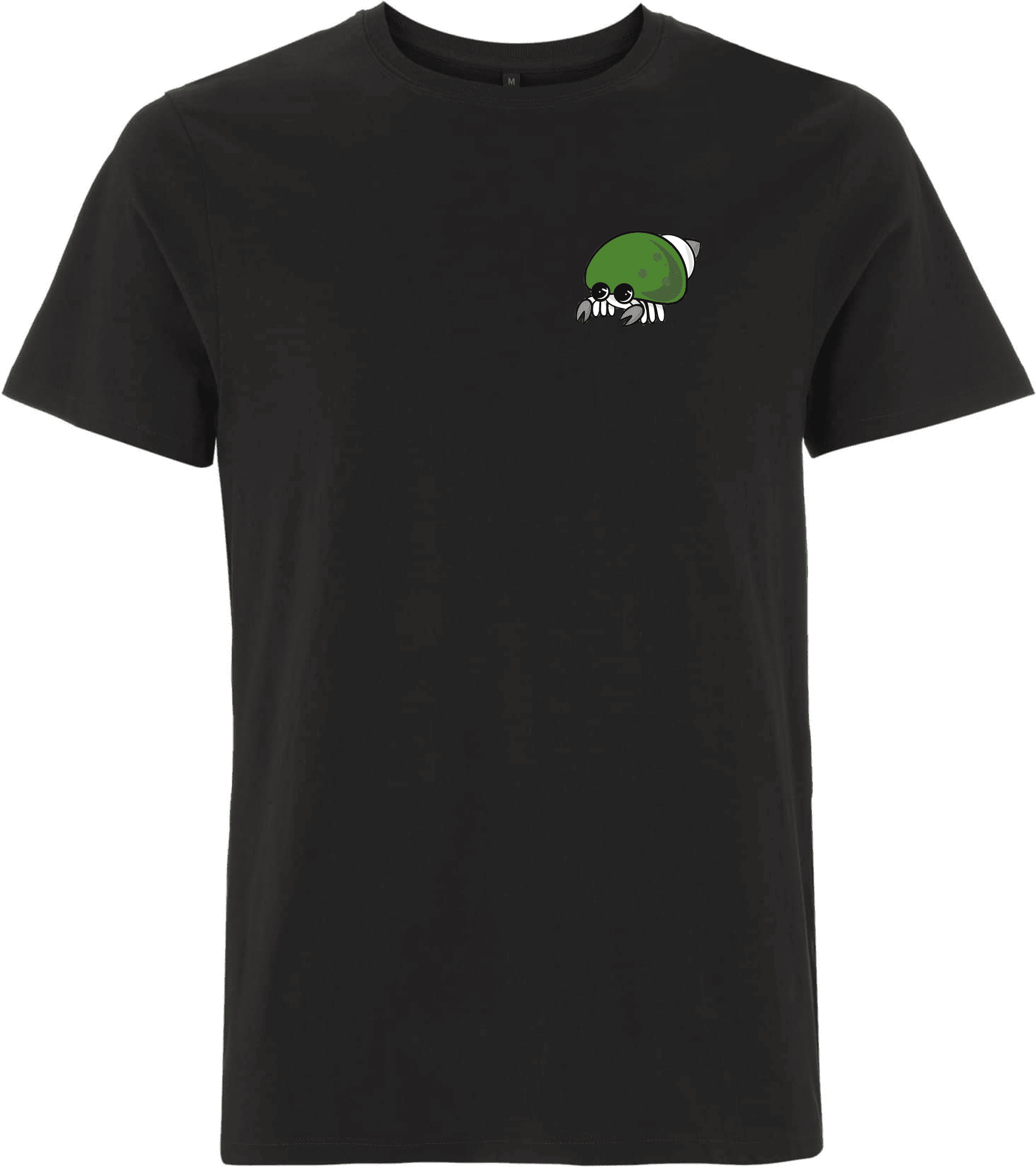 Stilvolles schwarzes T-Shirt mit farbenfrohem Krebsmotiv für einen lässigen Look. Schwarzes T-Shirt mit einem niedlichen, grünen Krebsmotiv auf der linken Brust.