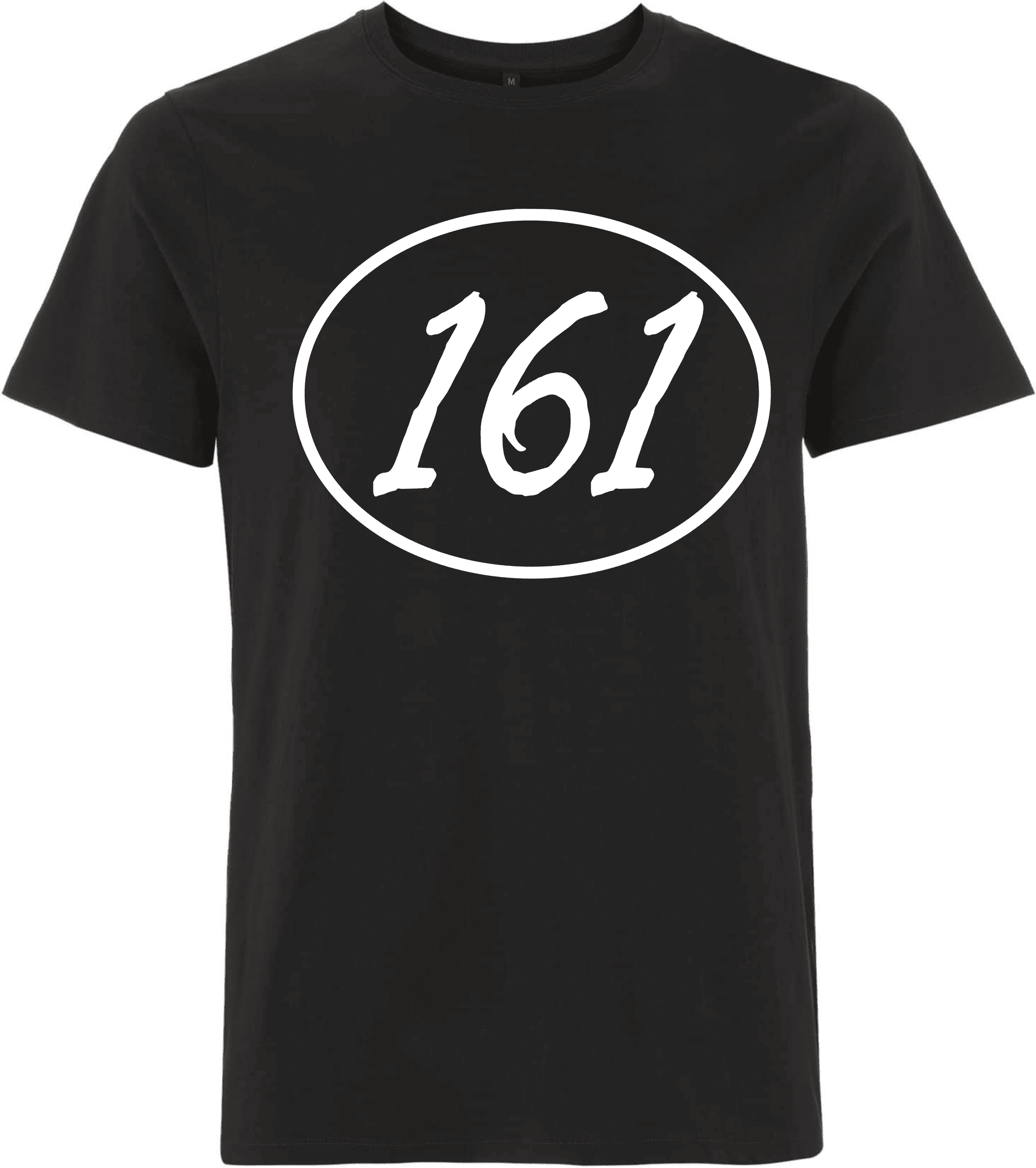 Schwarz-weißes T-Shirt mit der Nummer 161. Schwarzes T-Shirt mit dem Aufdruck "161" in weißer Schrift.