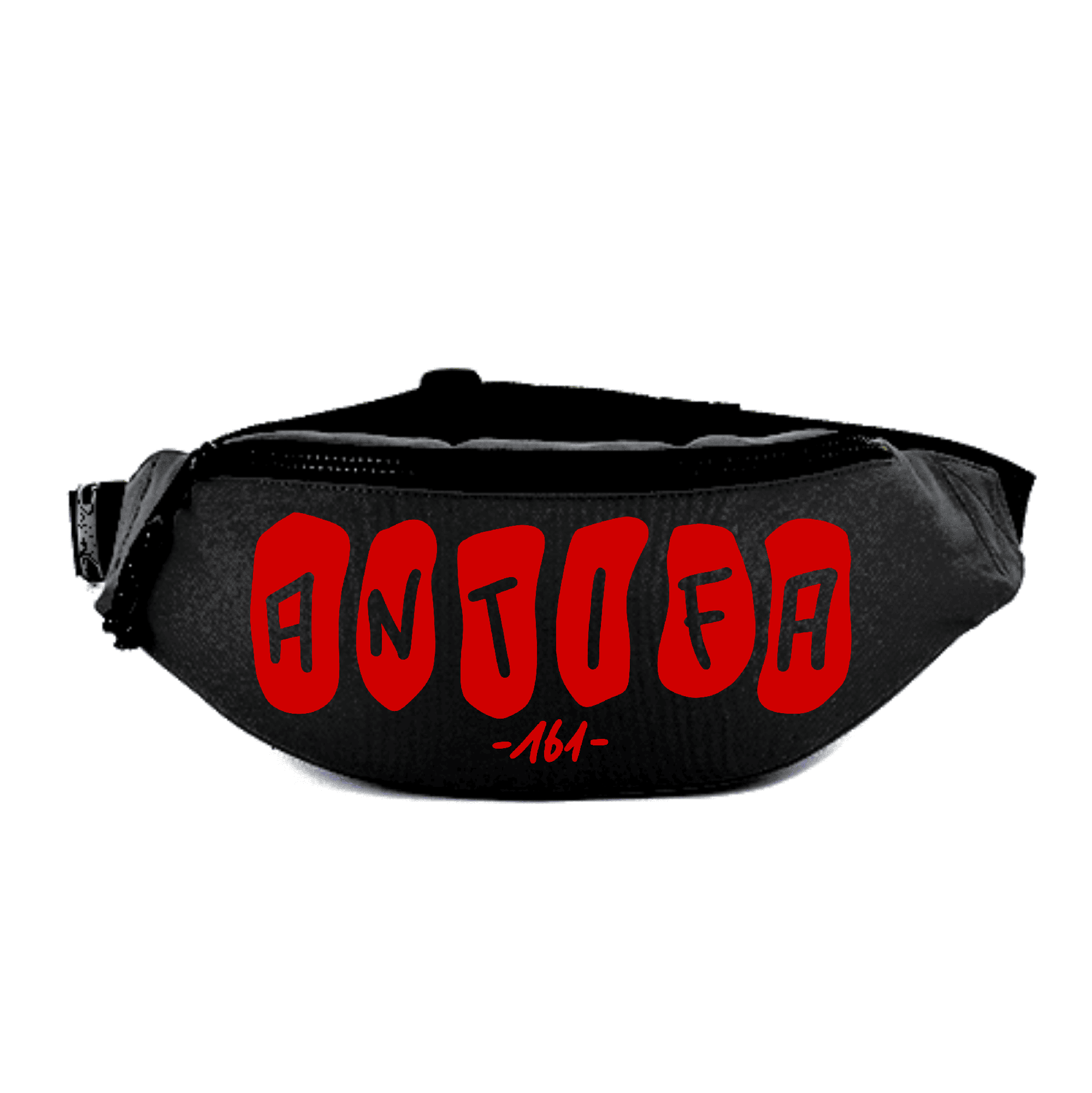 Bauchtasche mit "ANTIFA 161" Design in Schwarz und Rot. Schwarze Bauchtasche mit rotem Aufdruck "ANTIFA 161".