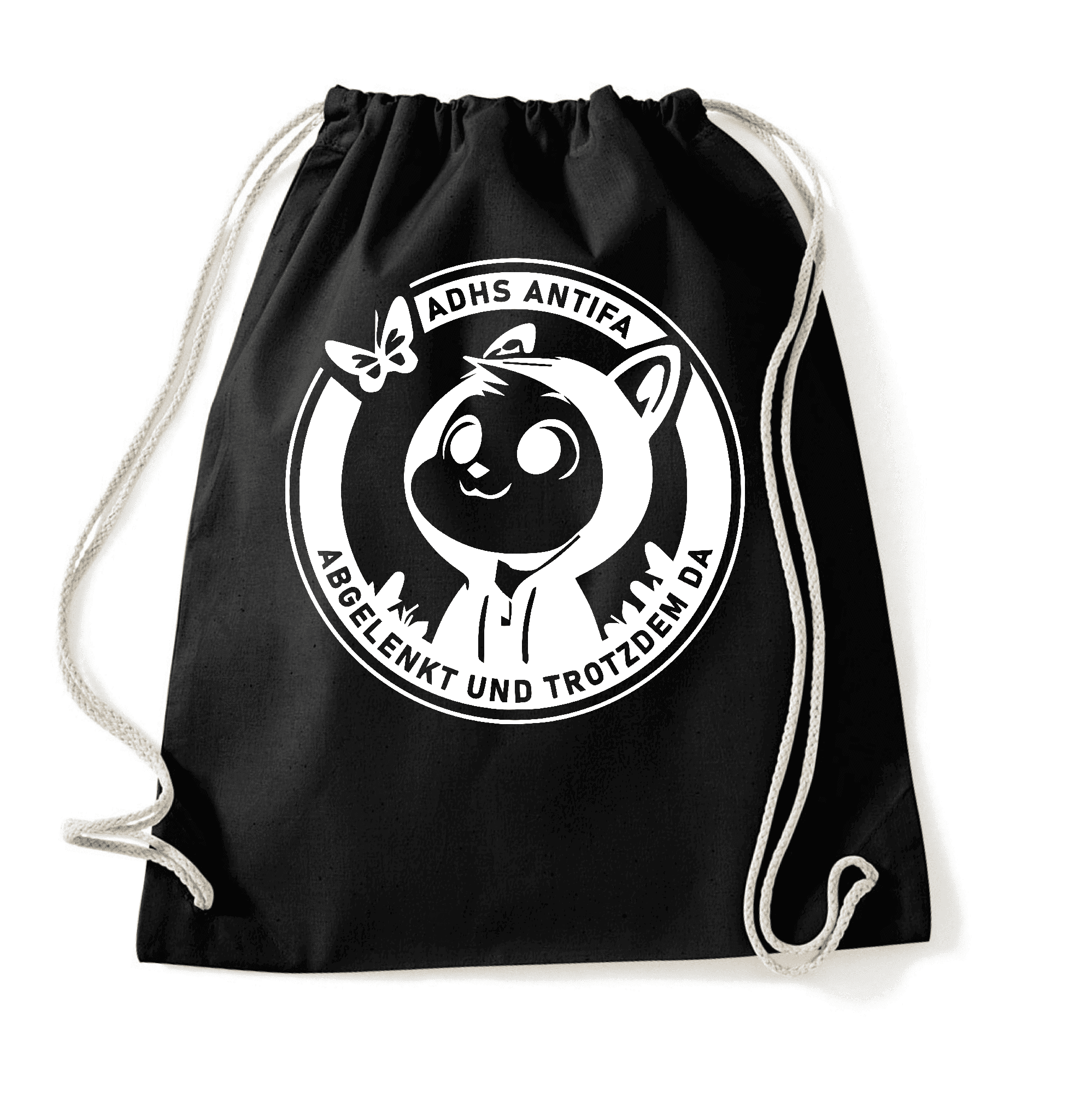 Rucksack mit einzigartigem Design und motivierendem Spruch für ADHS-Bewusstsein. Schwarzer Rucksack mit einem weißen Aufdruck, der eine cartoonartige Figur mit Kapuze und einer Schmetterlingsgrafik zeigt, umgeben von einem Kreis mit dem Text "ADHS ANTIFA ABGELENKT UND TROTZDEM DA".