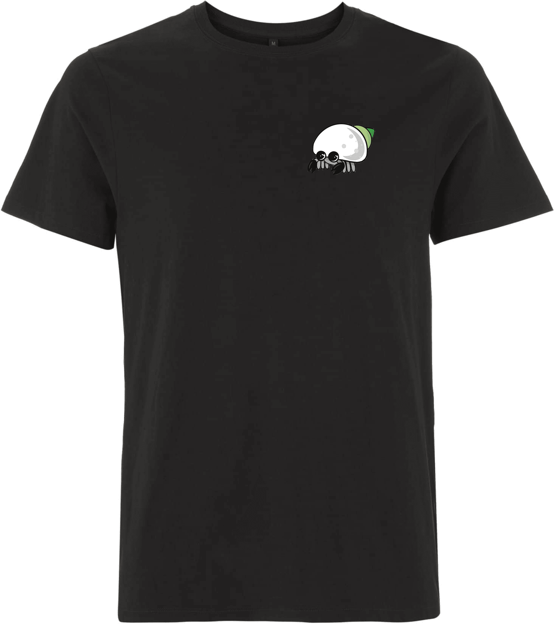 Stylisches schwarzes T-Shirt mit lustigem Krabbentier-Motiv. Schwarzes T-Shirt mit einem einzigartigen, cartoonhaften Motiv eines Krabbentiers auf der Vorderseite.