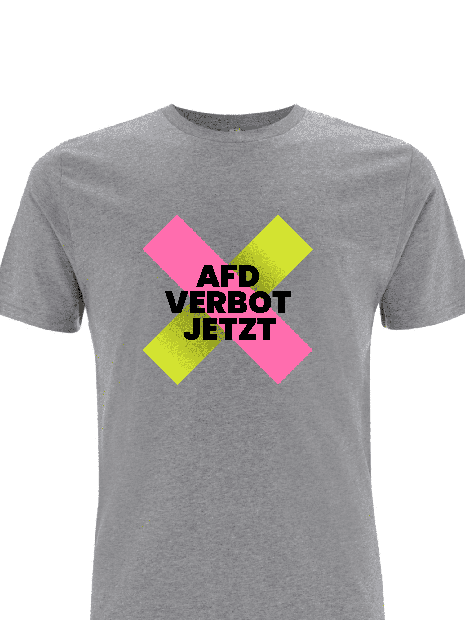 Graues T-Shirt mit dem Slogan "AFD VERBOT JETZT". Graues T-Shirt mit dem Aufdruck "AFD VERBOT JETZT" in schwarzer Schrift auf einem bunten, geometrischen Hintergrund.
