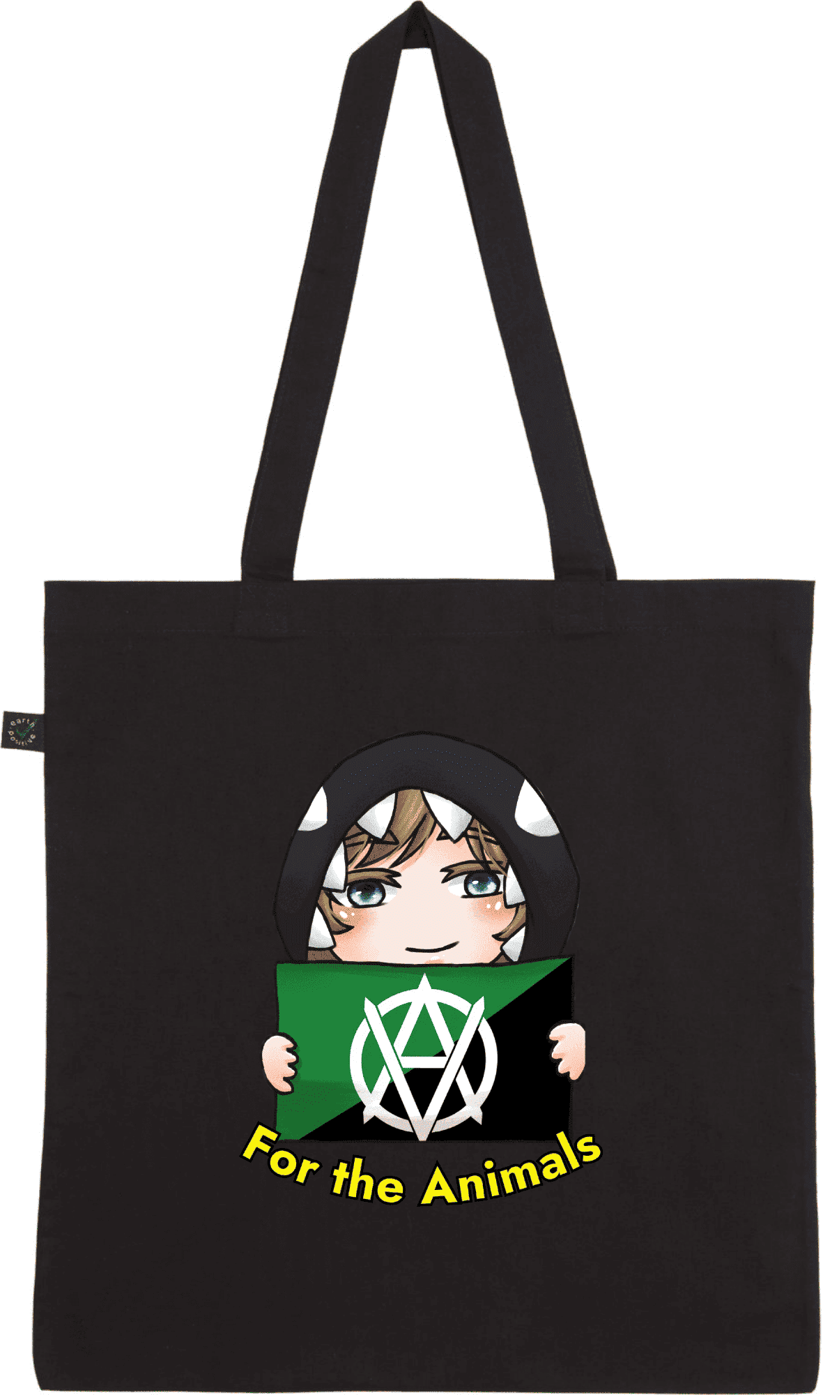Schwarze Baumwolltasche mit Comic-Motiv und Botschaft für Tierschutz. Schwarze Stofftasche mit einem bunten Comic-Motiv und dem Schriftzug „For the Animals“.