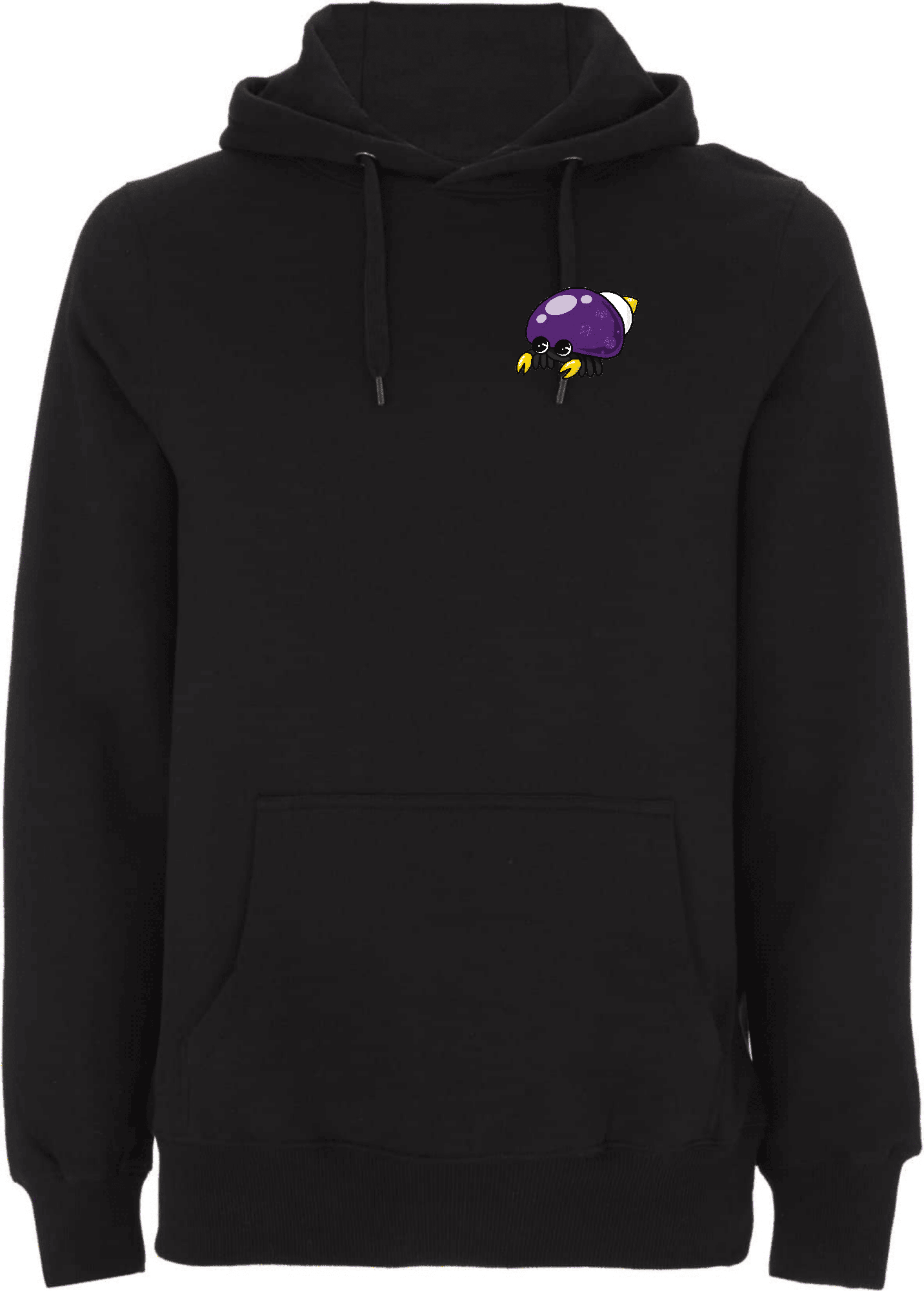 Stylischer schwarzer Hoodie mit lustigem Spinnendesign. Schwarzer Hoodie mit einem farbenfrohen, cartoonhaften Spinnenmotiv auf der Brust.