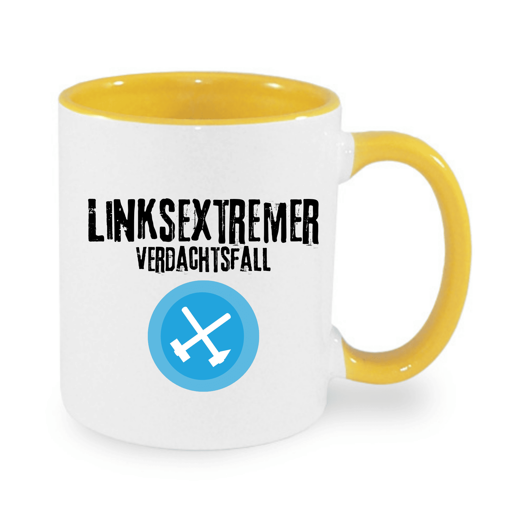 Becher mit gelbem Henkel und Innenseite, bedruckt mit dem Schriftzug "LINKSEXTREMER VERDACHTSFALL" und einem blauen Emblem.