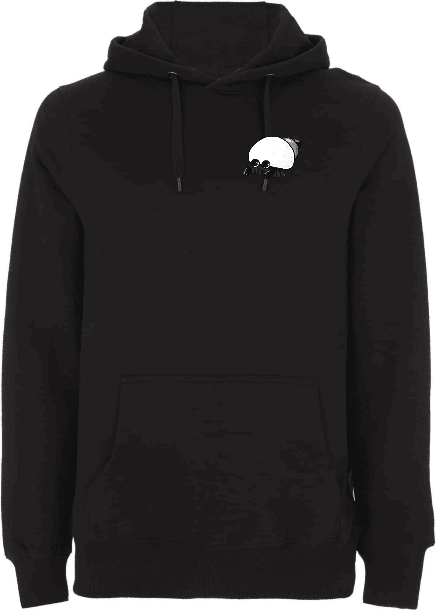 Schwarzer Hoodie mit Spinnen-Motiv für gemütliche und stylische Outfits. Schwarzer Hoodie mit einem auffälligen, cartoonhaften Spinnen-Design auf der Brust.