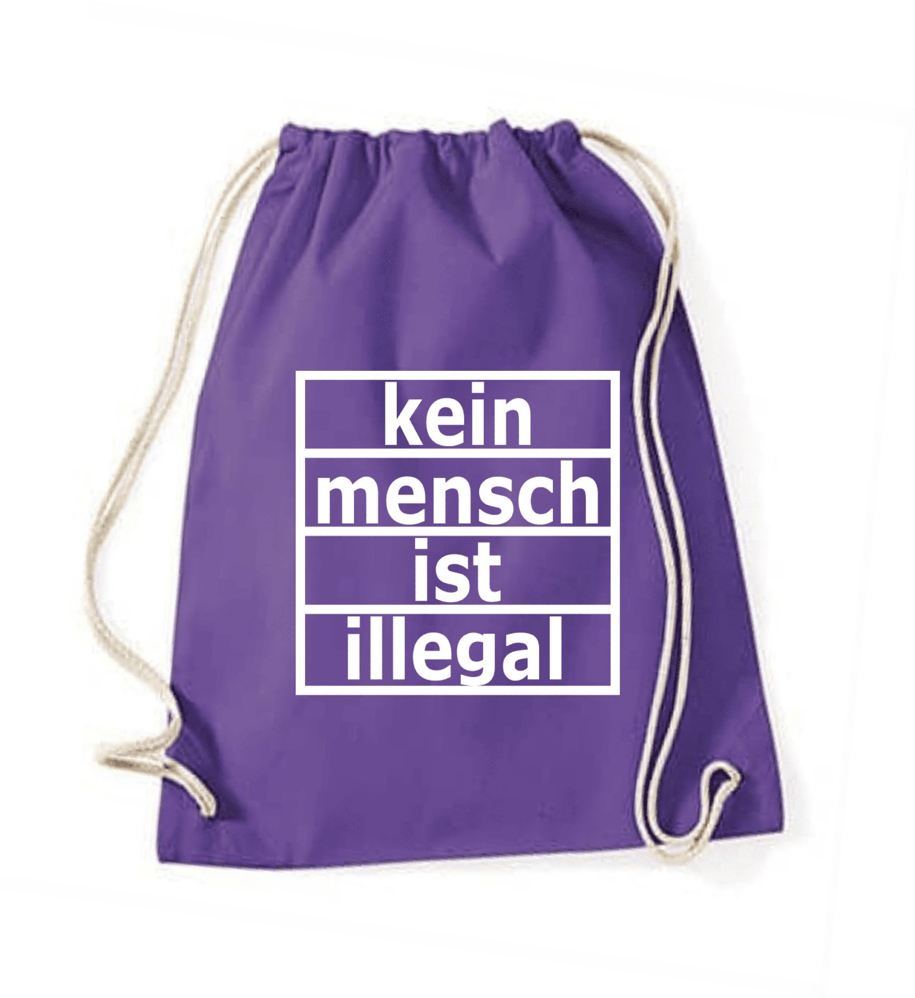 Lila Beutel mit sozialem Statement. Lila Stoffbeutel mit dem weißen Aufdruck "kein mensch ist illegal".