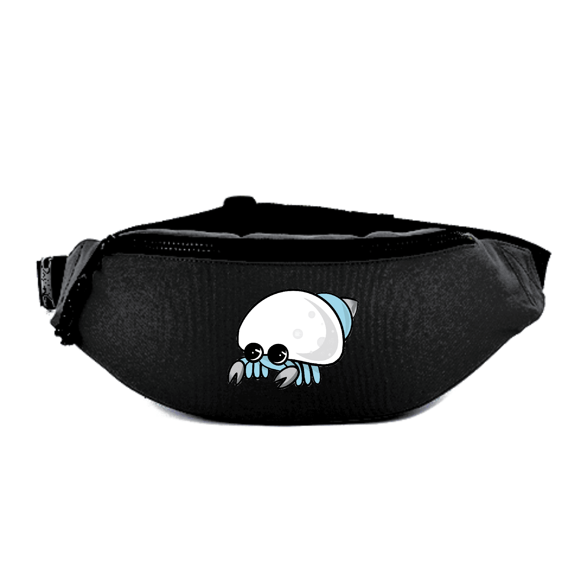 Gürteltasche mit Krabben-Motiv für stilvolle Aufbewahrung. Schwarze Gürteltasche mit einem niedlichen, cartoonhaften Krabben-Design.