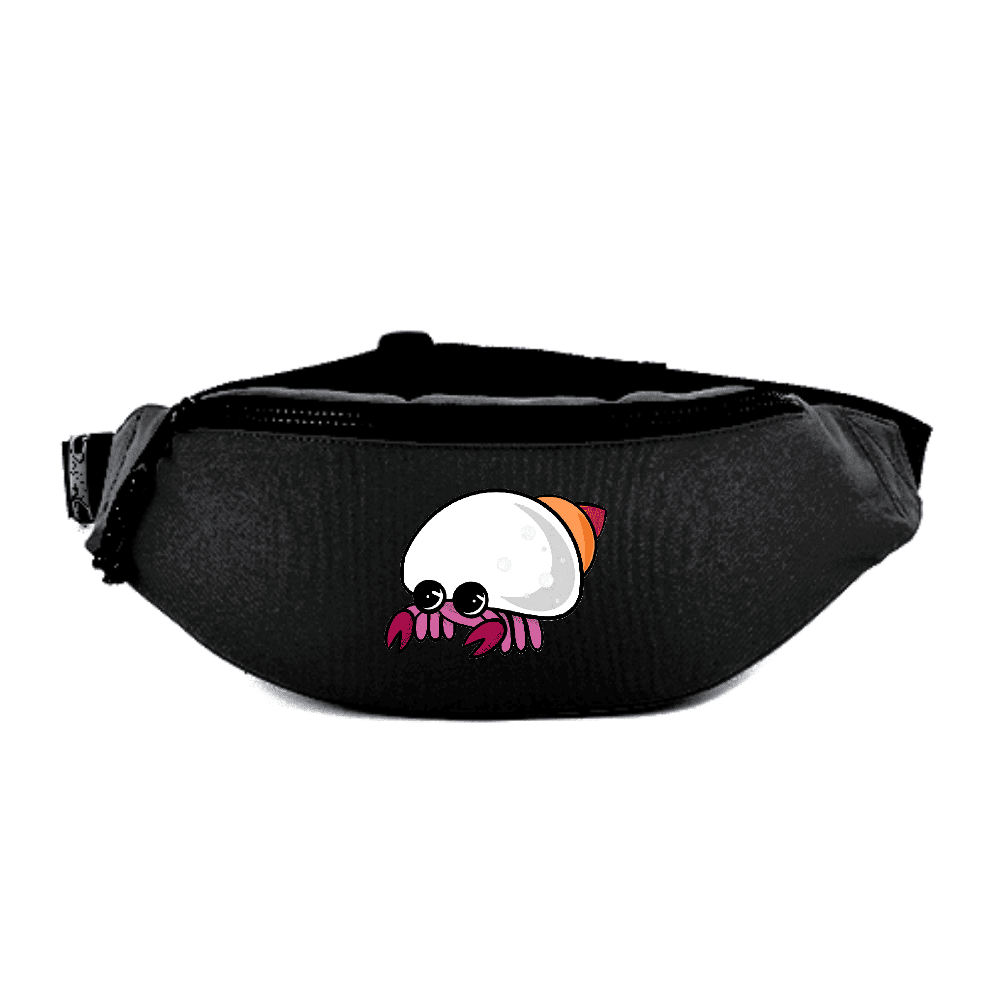Stylische Bauchtasche mit Krebs-Motiv für lässige Outfits. Schwarze Bauchtasche mit einem bunten, cartoonhaften Krebs-Motiv.