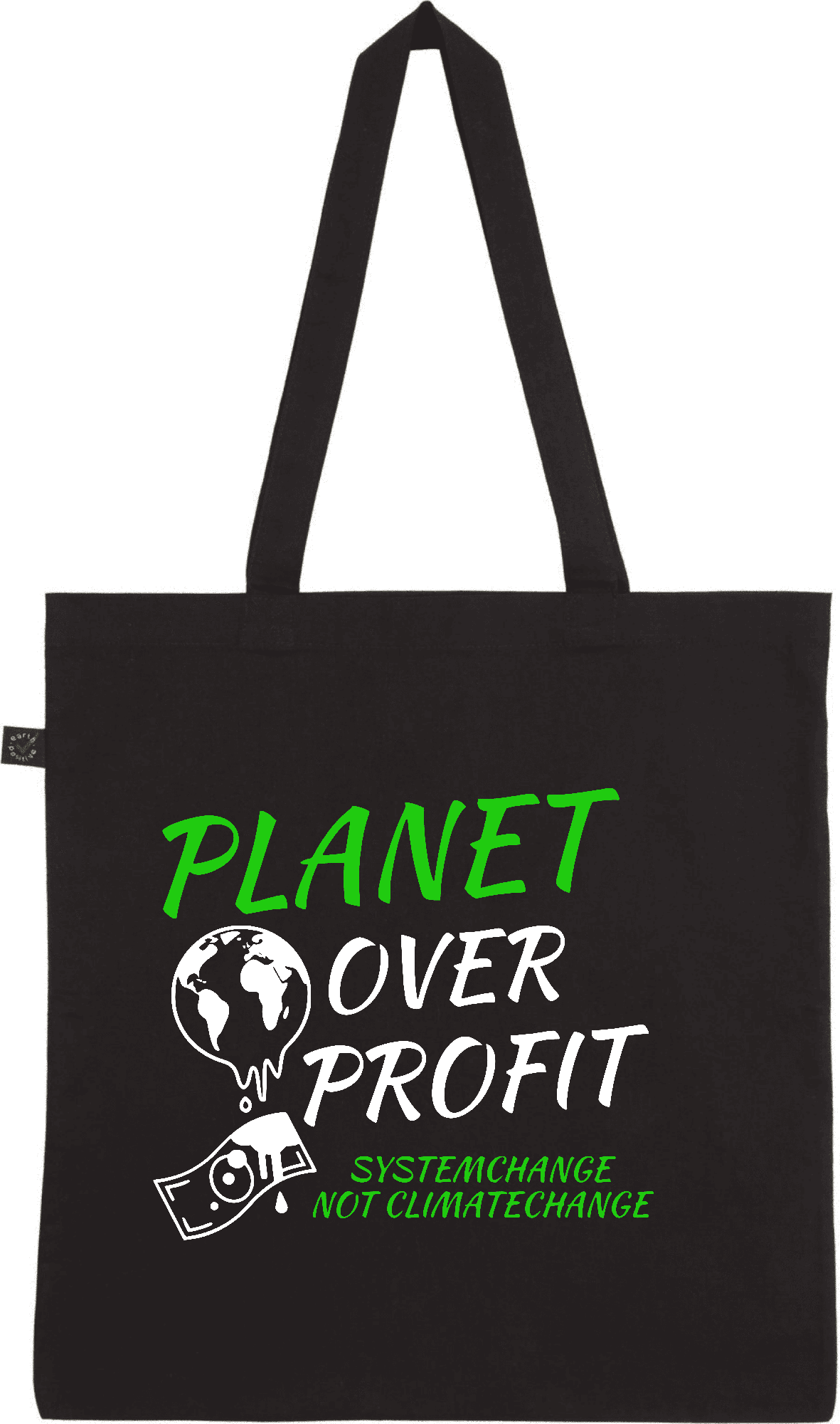 Umweltfreundliche Tragetasche "PLANET OVER PROFIT" mit auffälligem Design. Schwarze Stofftasche mit dem Aufdruck "PLANET OVER PROFIT" und grafischen Elementen wie einer Erde und Geldschein.