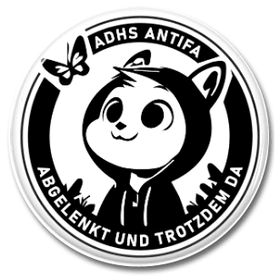 Aufkleber mit einem süßen Tiercharakter und dem Motto „ADHS ANTIFA – Abgelenkt und trotzdem da“. Aufkleber mit einem cartoonhaften Tiercharakter in einem Kapuzenpullover, umgeben von einer Schmetterlingsillustration und dem Schriftzug „ADHS ANTIFA – Abgelenkt und trotzdem da“.