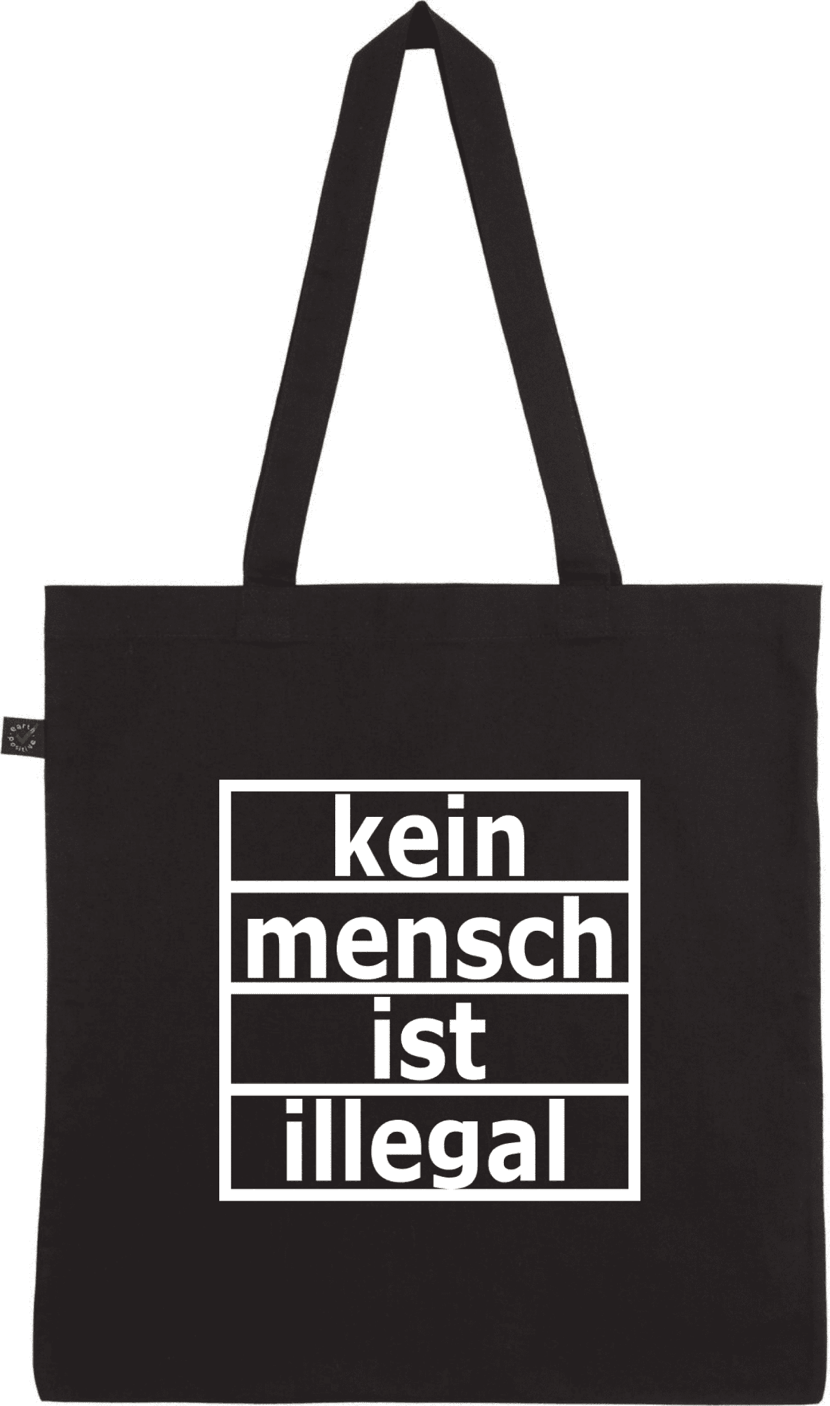 Schwarze Tragetasche mit dem Slogan "kein mensch ist illegal". Schlichte schwarze Stofftasche mit dem Aufdruck "kein mensch ist illegal" in weißer Schrift.