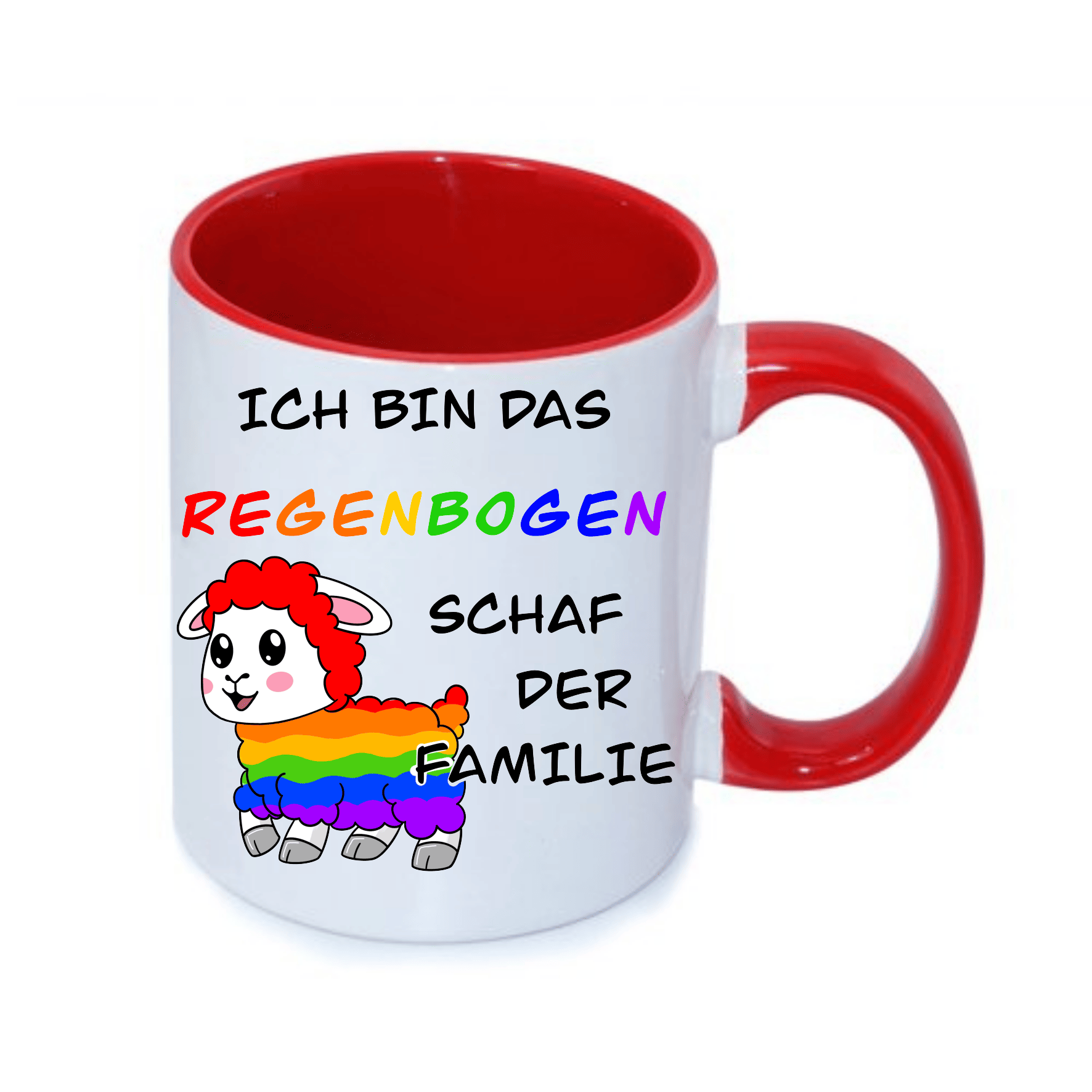 Bunte Tasse "Regenbogen Schaf der Familie" mit lustigem Design. Tasse mit Aufschrift "Ich bin das Regenbogen Schaf der Familie" und Comic-Schaf in Regenbogenfarben.