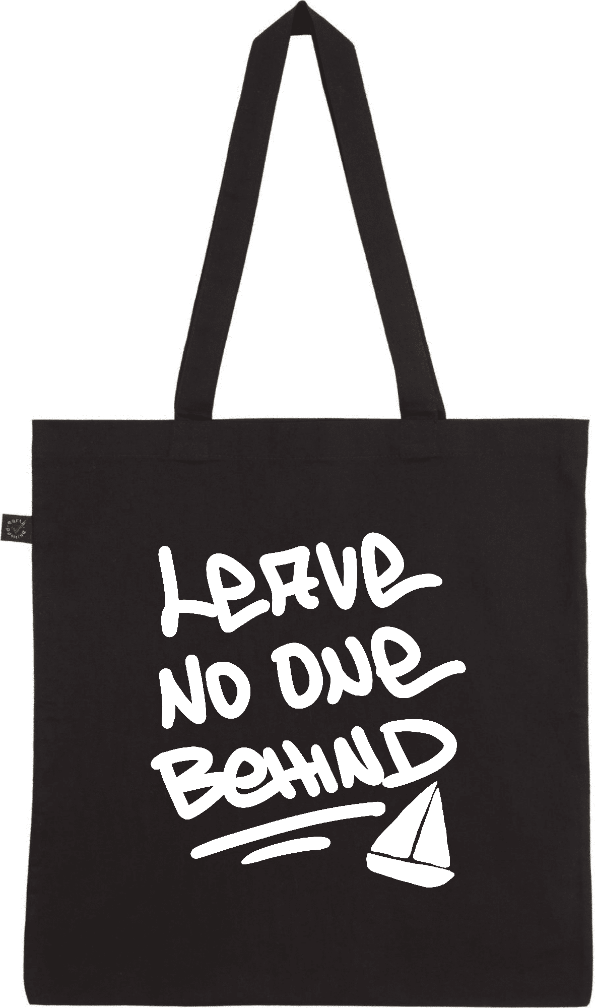 Stylishe schwarze Einkaufstasche mit motivierendem Schriftzug. Schwarze Tragetasche mit dem Aufdruck "LEAVE NO ONE BEHIND" und einem kleinen Segelboot.