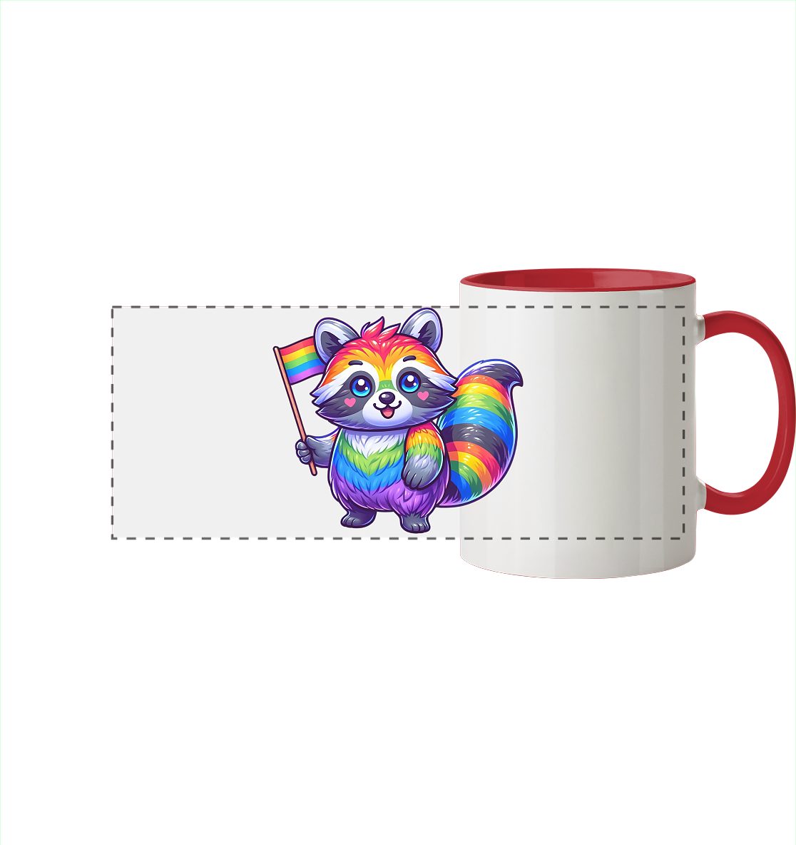 ### Alt-Text:
Bunte Tasse mit einem niedlichen, regenbogenfarbenen Waschbären, der eine Pride-Flagge hält.