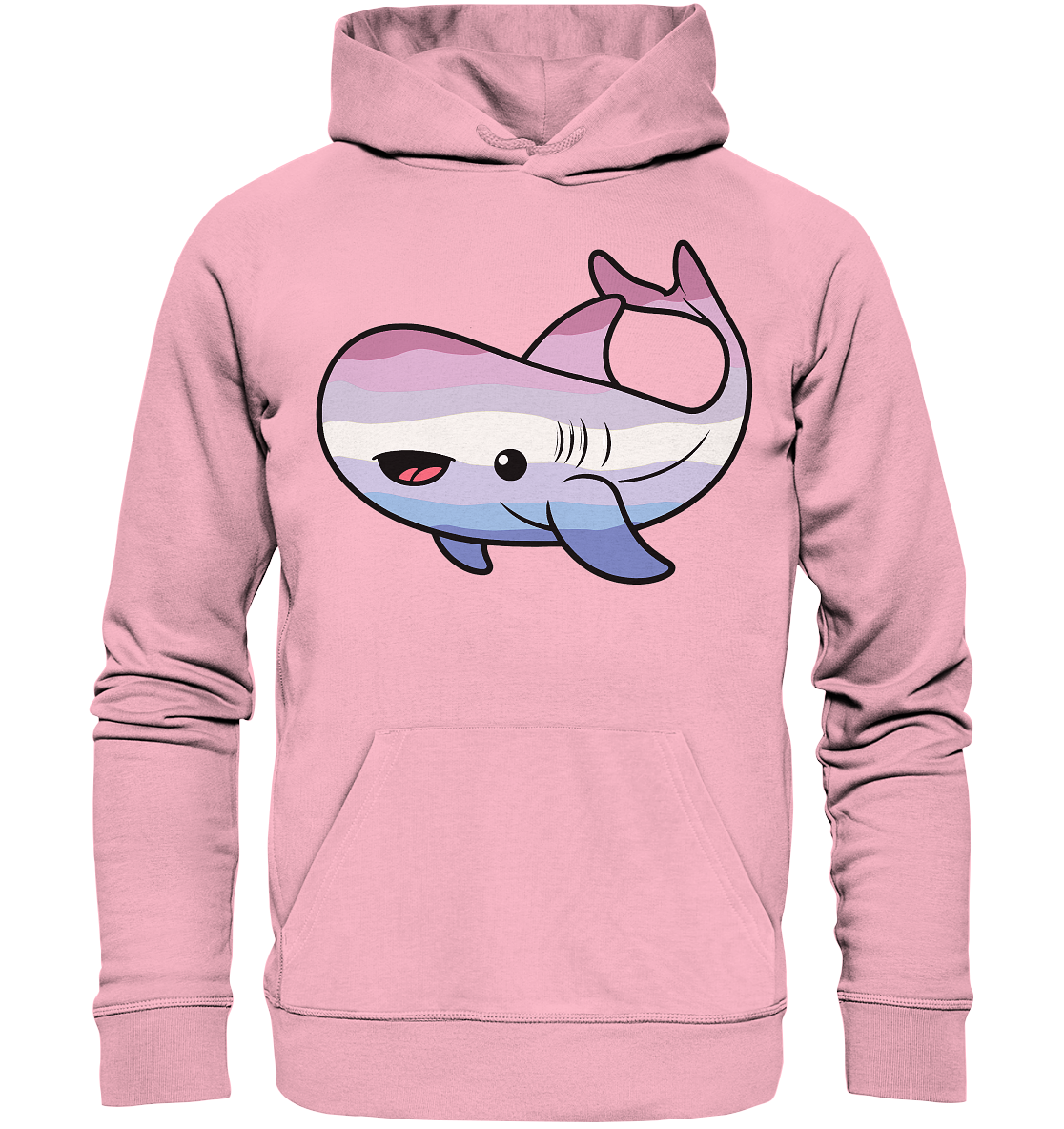 Kuscheliger pinker Hoodie mit einem niedlichen, cartoonhaften Wal-Motiv.