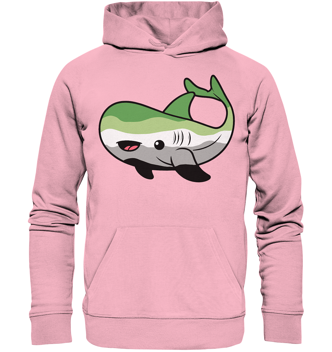 Gemütlicher rosa Hoodie mit einem niedlichen Walfisch-Motiv vorne.