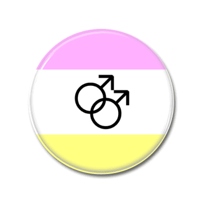 Ansteckbutton für Genderqueer mit gleichgeschlechtlichem Partnerschaftssymbol. Ansteckbutton mit dem Symbol für gleichgeschlechtliche Partnerschaft auf einem Hintergrund in den Farben der Genderqueer-Flagge.