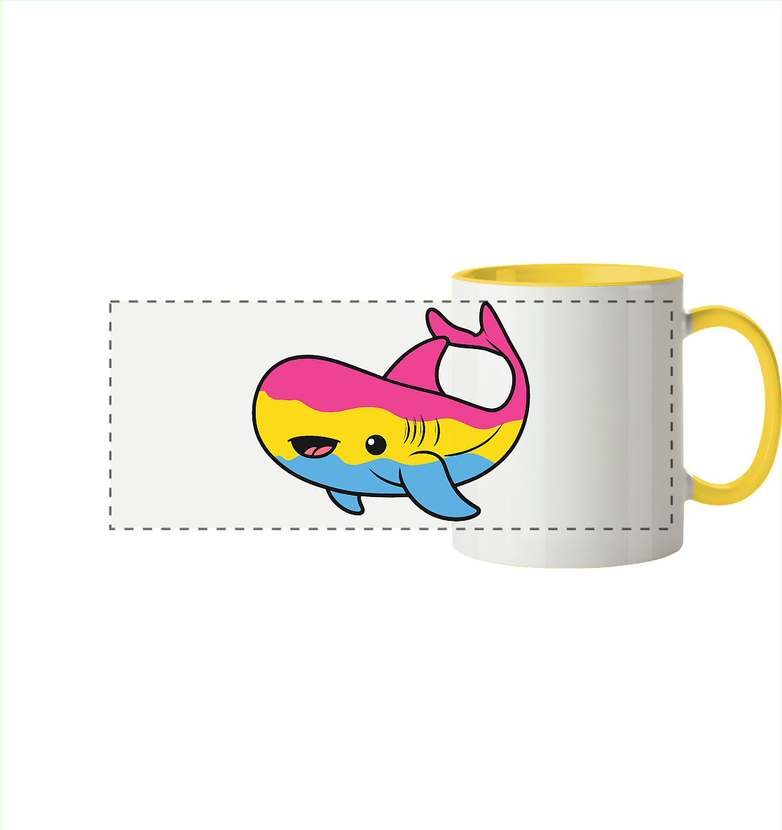 Bunte Tasse mit einem fröhlichen Walfisch-Design in Pink, Gelb und Blau.