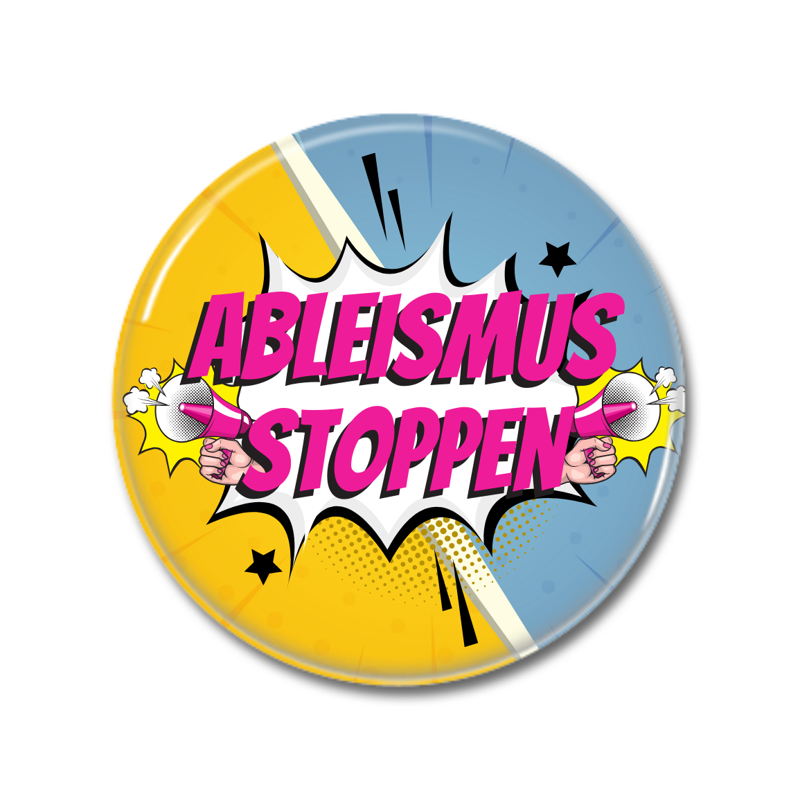 Knopf mit dem Aufdruck "ABLEISMAS STOPPEN" in buntem Comic-Stil.