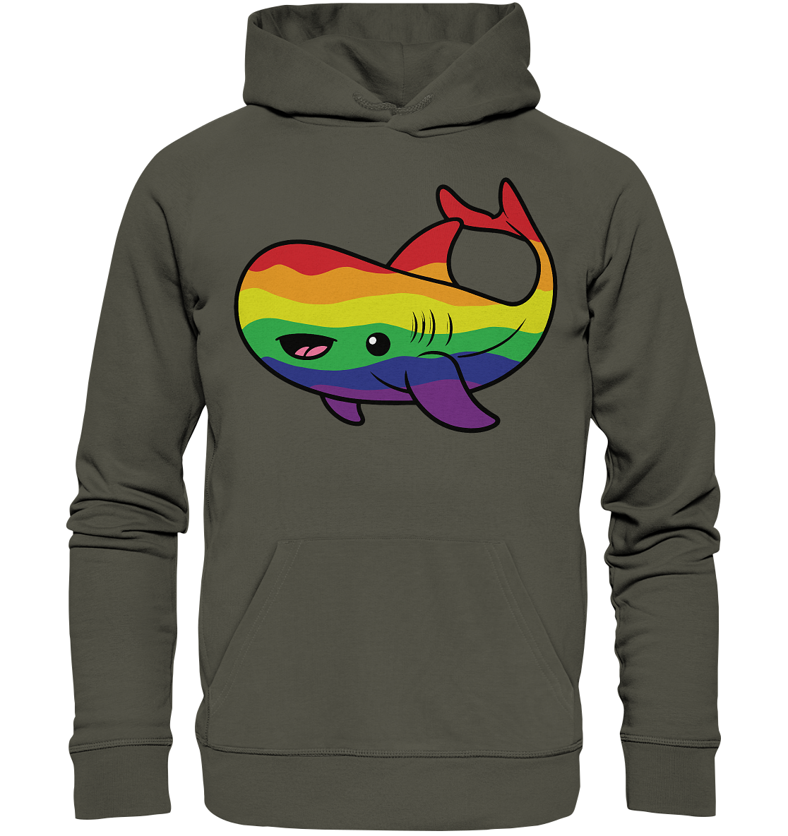 Hoodie mit einem bunten, cartoonhaften Wal in Regenbogenfarben auf der Vorderseite.