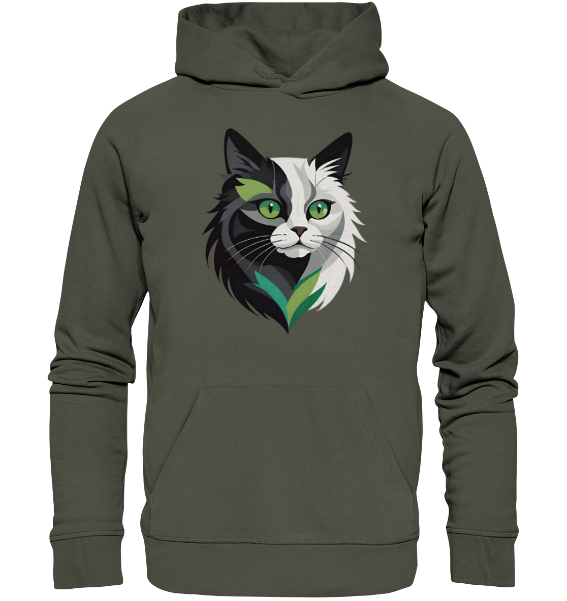 Hoodie mit einem stilisierten Katzenkopf-Design in Schwarz, Weiß und Grün.