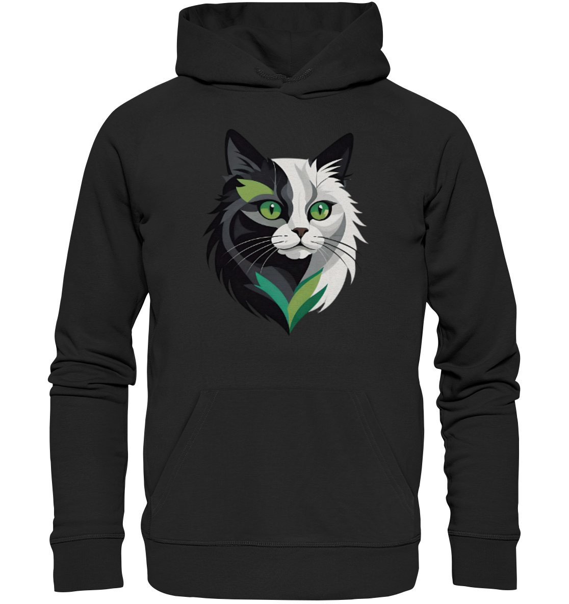 Stylischer Hoodie mit einem grafischen Katzenkopf-Design in Schwarz, Weiß und Grün.