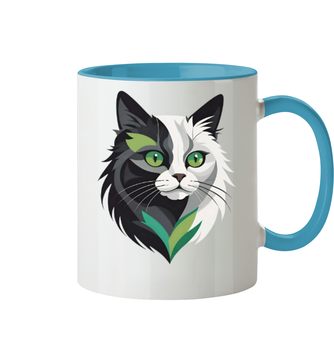 Farbige Tasse mit einem künstlerischen Katzenmotiv in Schwarz-Weiß und grünen Augen.