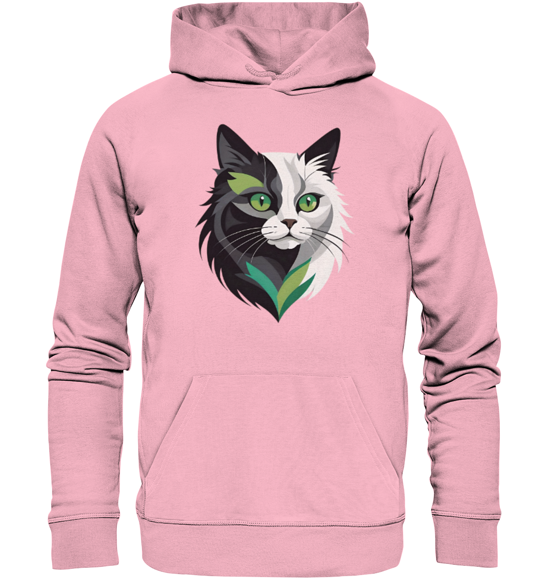 Rosafarbener Hoodie mit einem bunten Katzenkopf-Design.