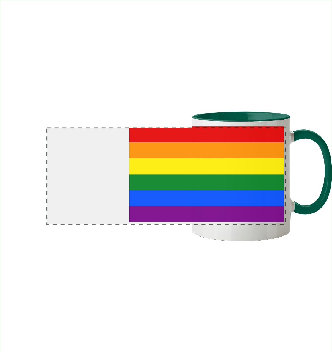 Bunte Tasse mit Regenbogen-Design auf der Vorderseite.