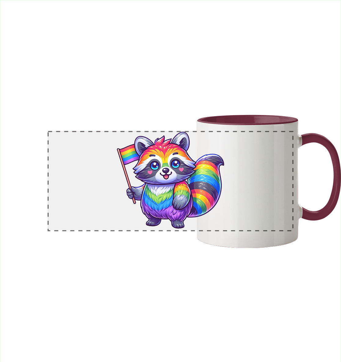 Bunte Tasse mit einem niedlichen, regenbogenfarbenen Waschbären, der eine Pride-Flagge hält.