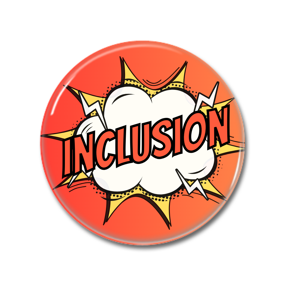 Runder Button mit dem Wort "INCLUSION" in einer Comic-Sprechblase, umgeben von einem orangefarbenen, explosiven Hintergrund.