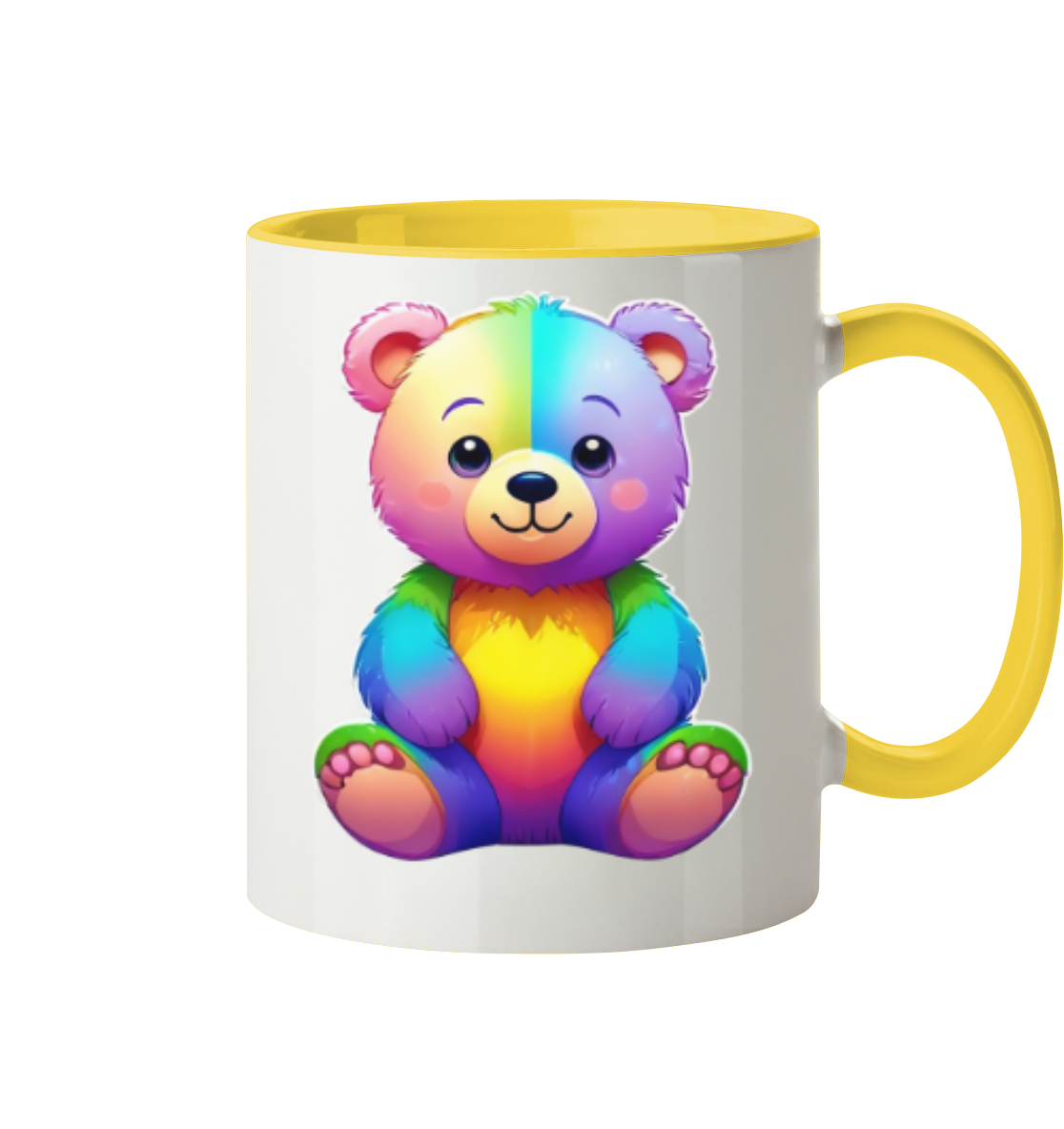 Bunte Tasse mit einem niedlichen, cartoonhaften Bärenmotiv in Regenbogenfarben.